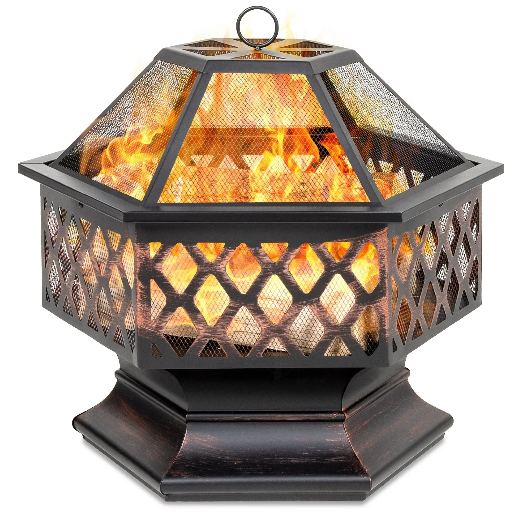 22in Hex-Shaped Steel Fire Pit for Garden, Backyard, Poolside w/ Flame-Retardant Mesh Lid