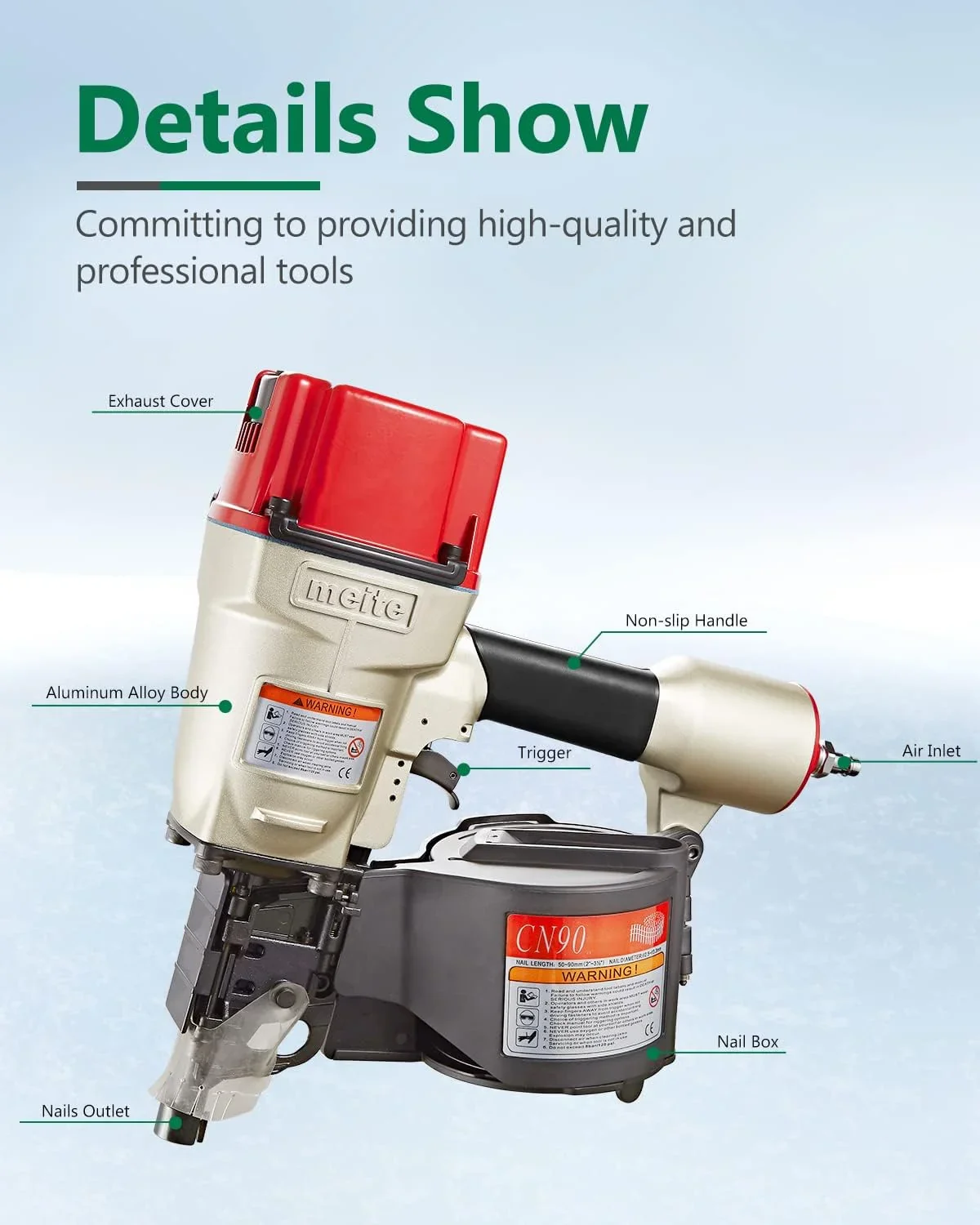 MEITE CN90  Industrial Coil Siding Nailer 15 Degree 2-1/4 to 3-1/2 Pneumatic Coil Nail Gun with Aluminum Housing