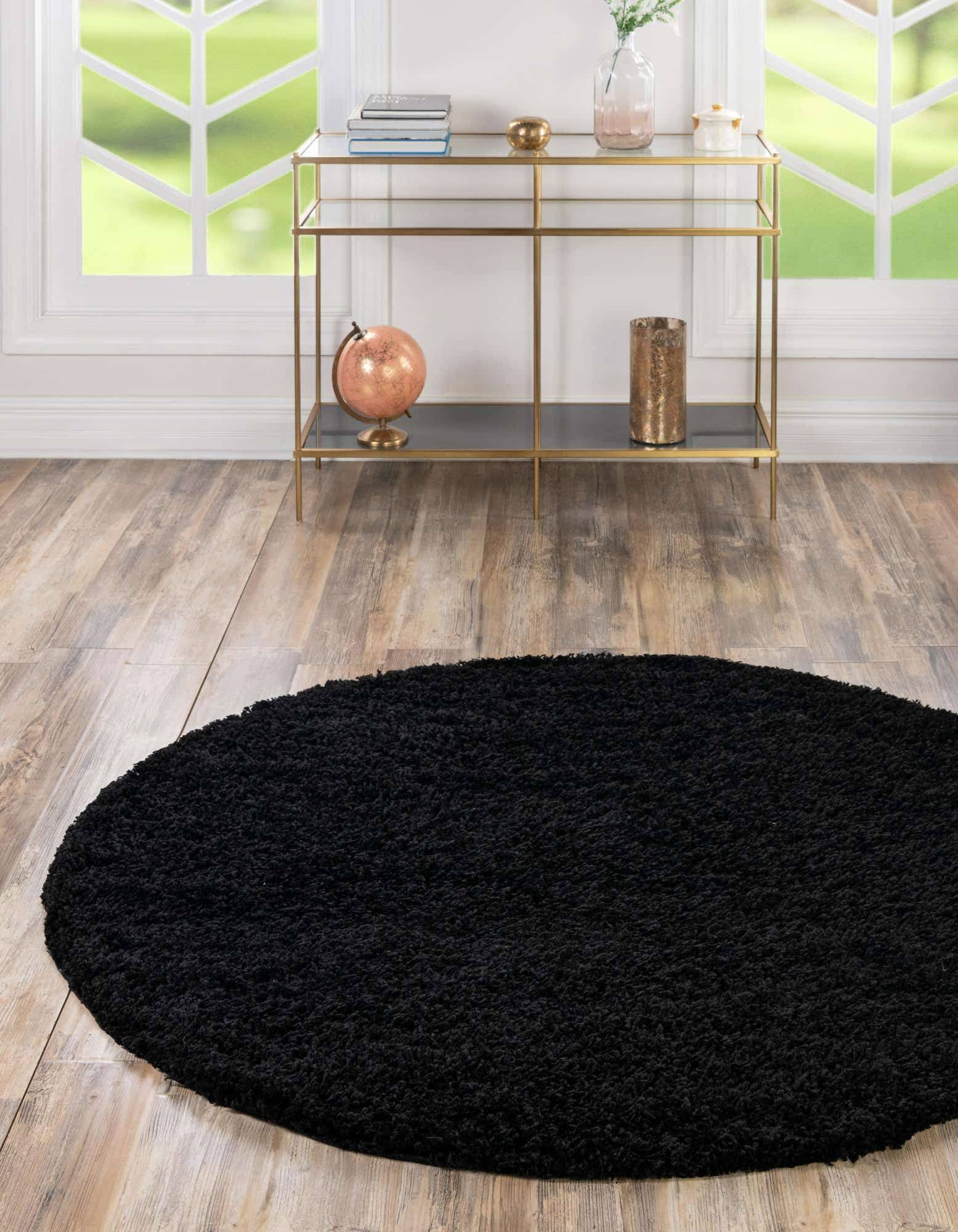 Unique Loom Solid Shag 4 ft Round Jet Black Area Rug