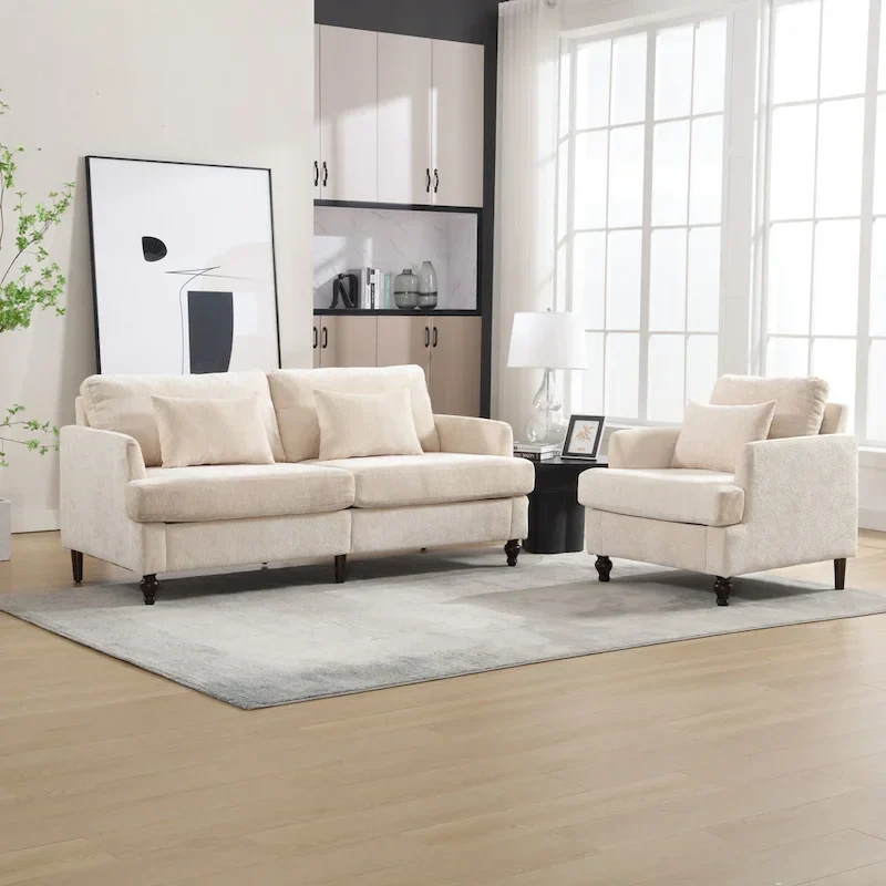 HOMEFUN Chenille Upholstered Loveseat and Armchair Set with Wooden Frame for Living Room