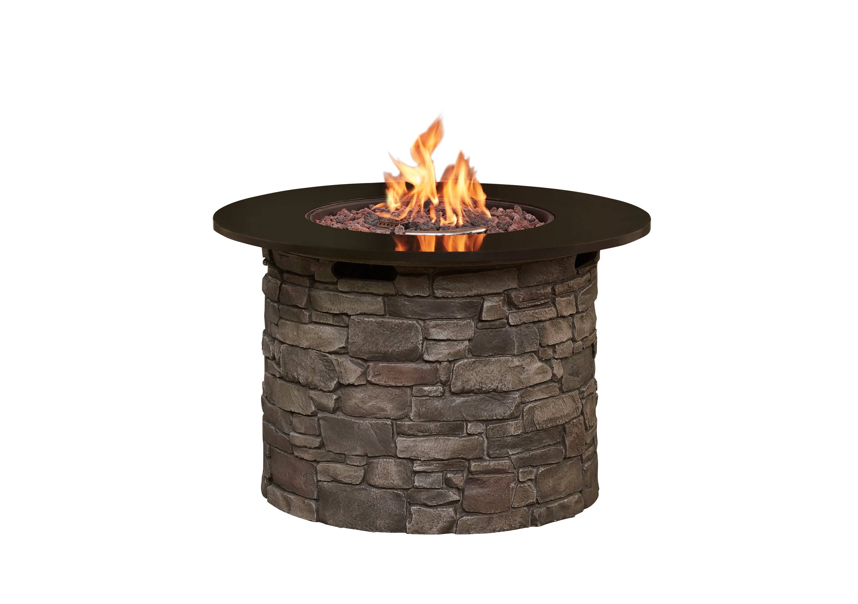 Allen + Roth Stacked Stone Fire Pit Table 36.2-in W 50000-BTU Stacked Grey Stone Portable Composite Propane Gas Fire Table 52052
