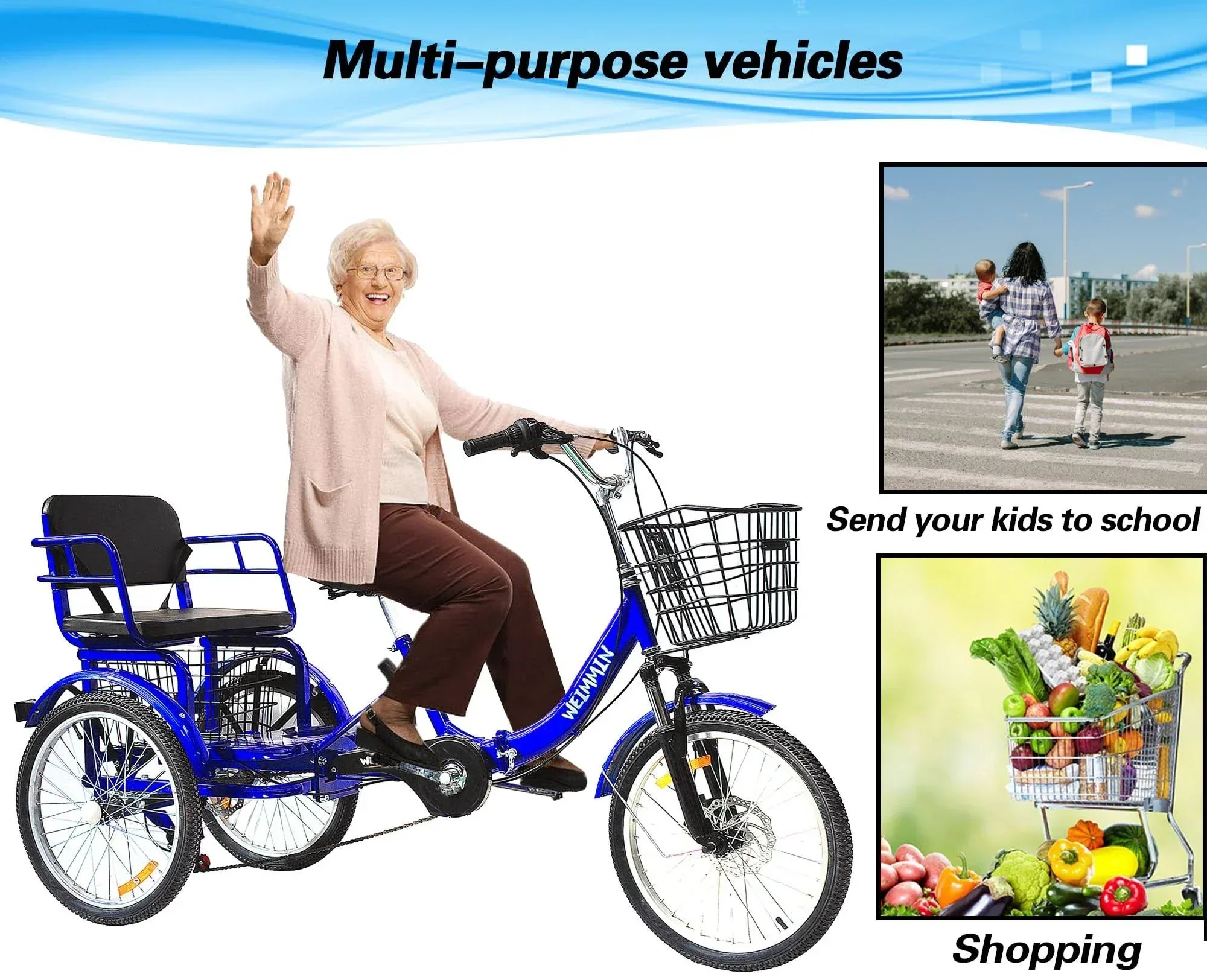 Tricycle 7 Speed. 20 inch 3 Wheel Bikes Folding Tricycle for Adults Star Strip Blue
