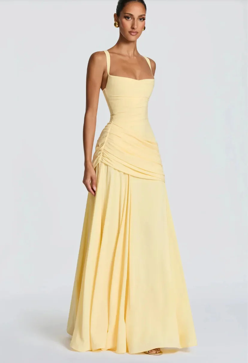 Robe Maxi Jaune Drapée Froncée pour Femme