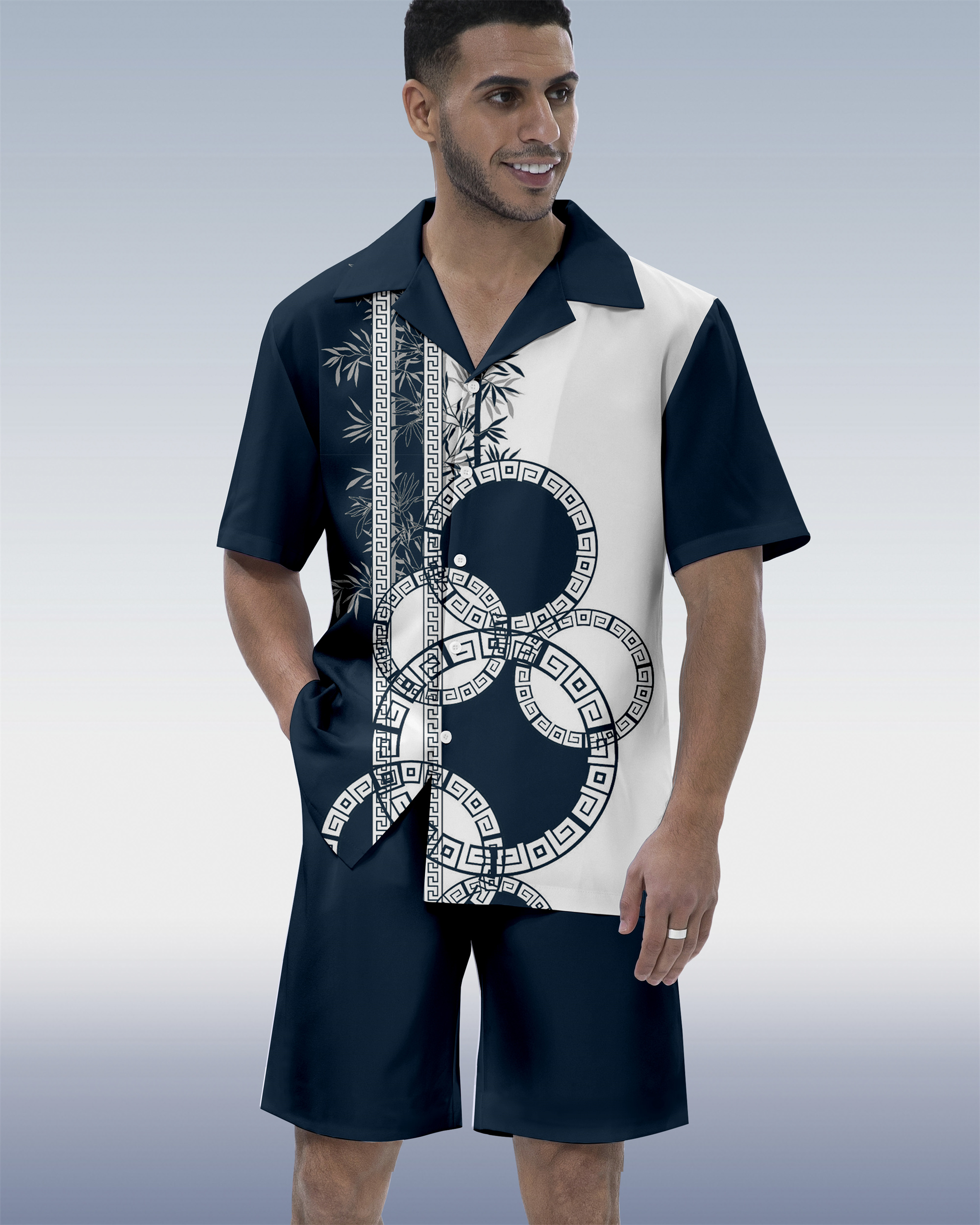 Ensemble chemise homme à manches courtes, col cubain, motif géométrique hawaïen colorblock 06