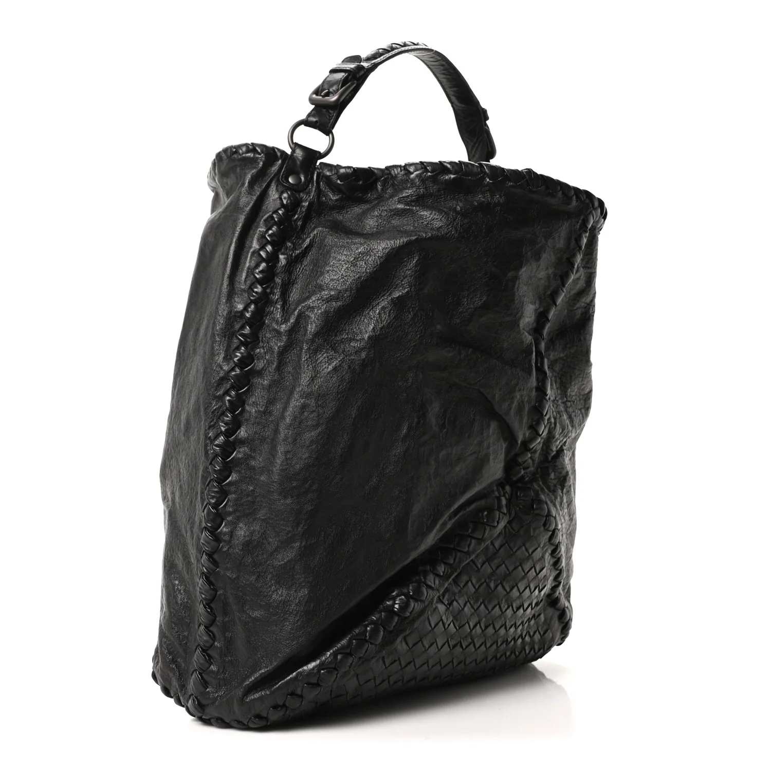 Grained Lambskin Intrecciato Large Shoulder Bag Black