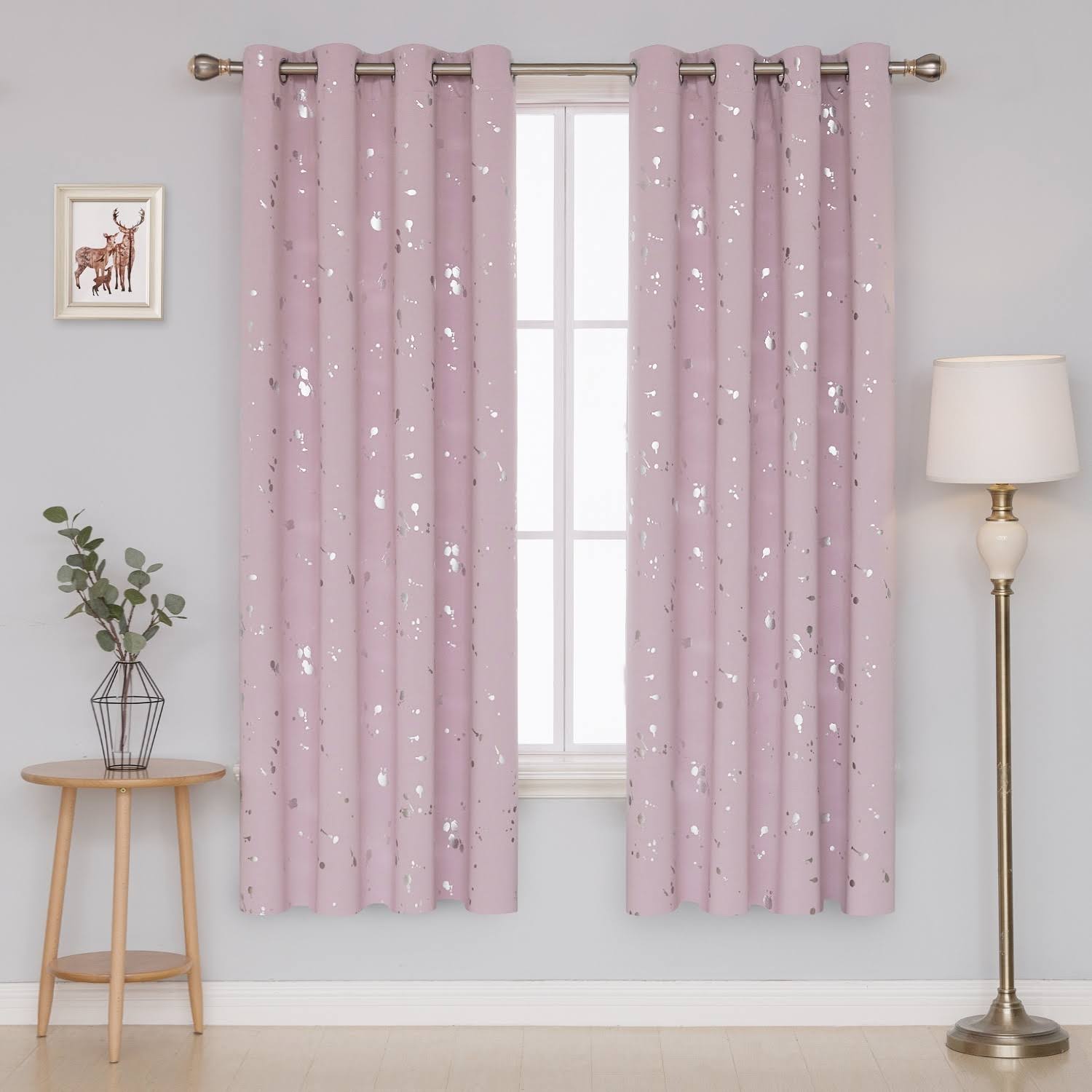 Deconovo Blackout Curtains with Silver Dots Printed Pattern-Grommet Room Darkening Curtains for Kitchen(52W x 72L inch, Pink Lavender, 2 Panels), Size
