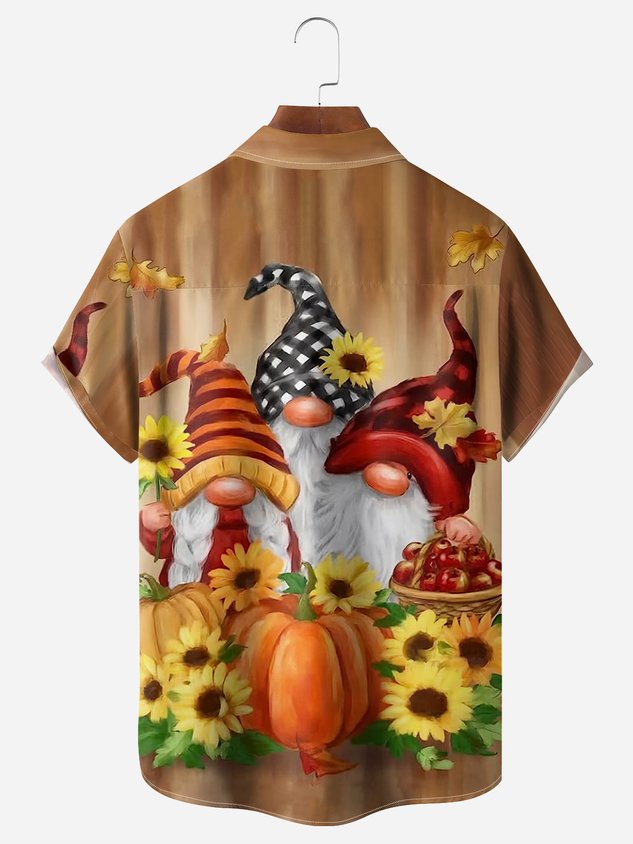 Chemise décontractée à manches courtes avec poche poitrine et motif gnomes de Thanksgiving