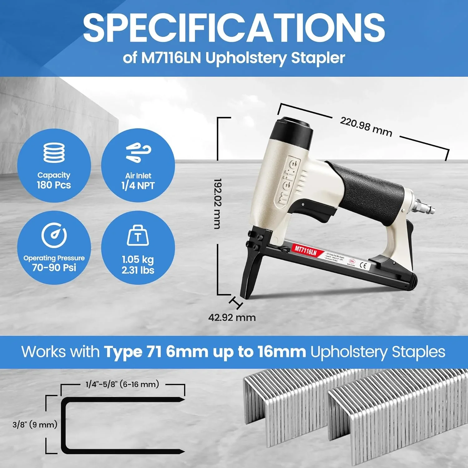 MEITE MT7116LN Pneumatic Staple Gun with Long Nose 22 Gauge 3/8 Crown 1/4 to 5/8 Length 71 Series