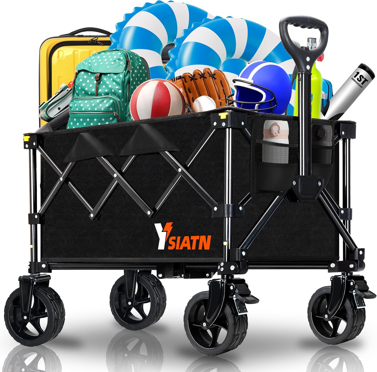 Collapsible Wagon Cart with Wheels Foldable, Folding Wagon Cart with All Terrain Wheels, Large Grocery Cart on Wheels, Heavy Duty Utility Wagon for Shopping, Beach, Sports, Fishing, Camping, 130L, Black