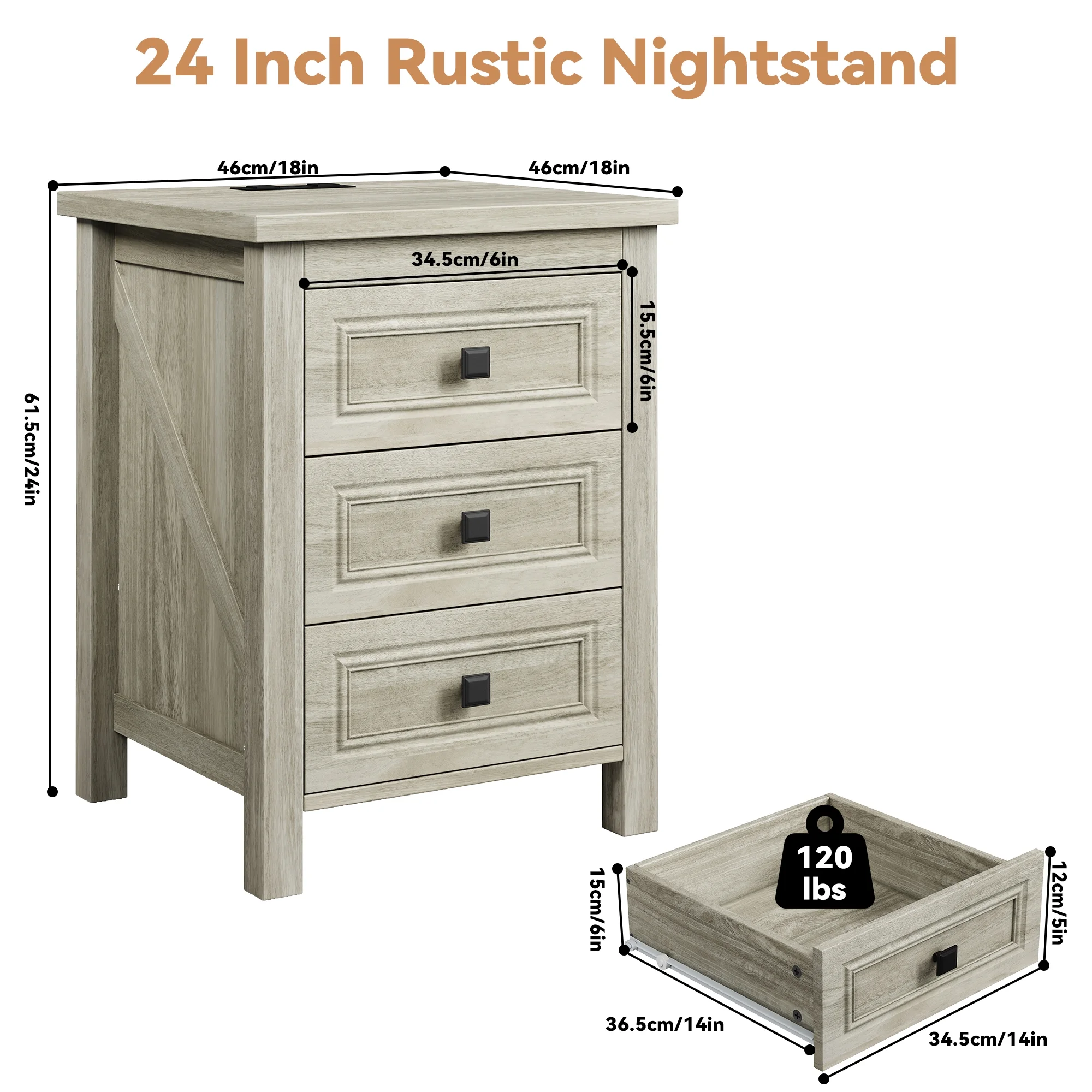 Nightstand, Bedside Table with Charging Station, Farmhouse 3 Drawer Nightstand Rustic Night Stand End Tables for Bedroom Living Room,Gray(Gray-1PCS) - Image 9