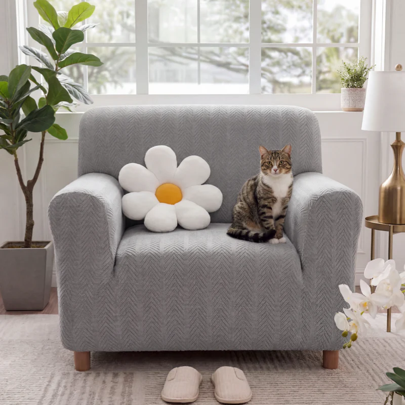 Elegant Herringbone Cream Aesthetic Stretch Magic Armchair Cover