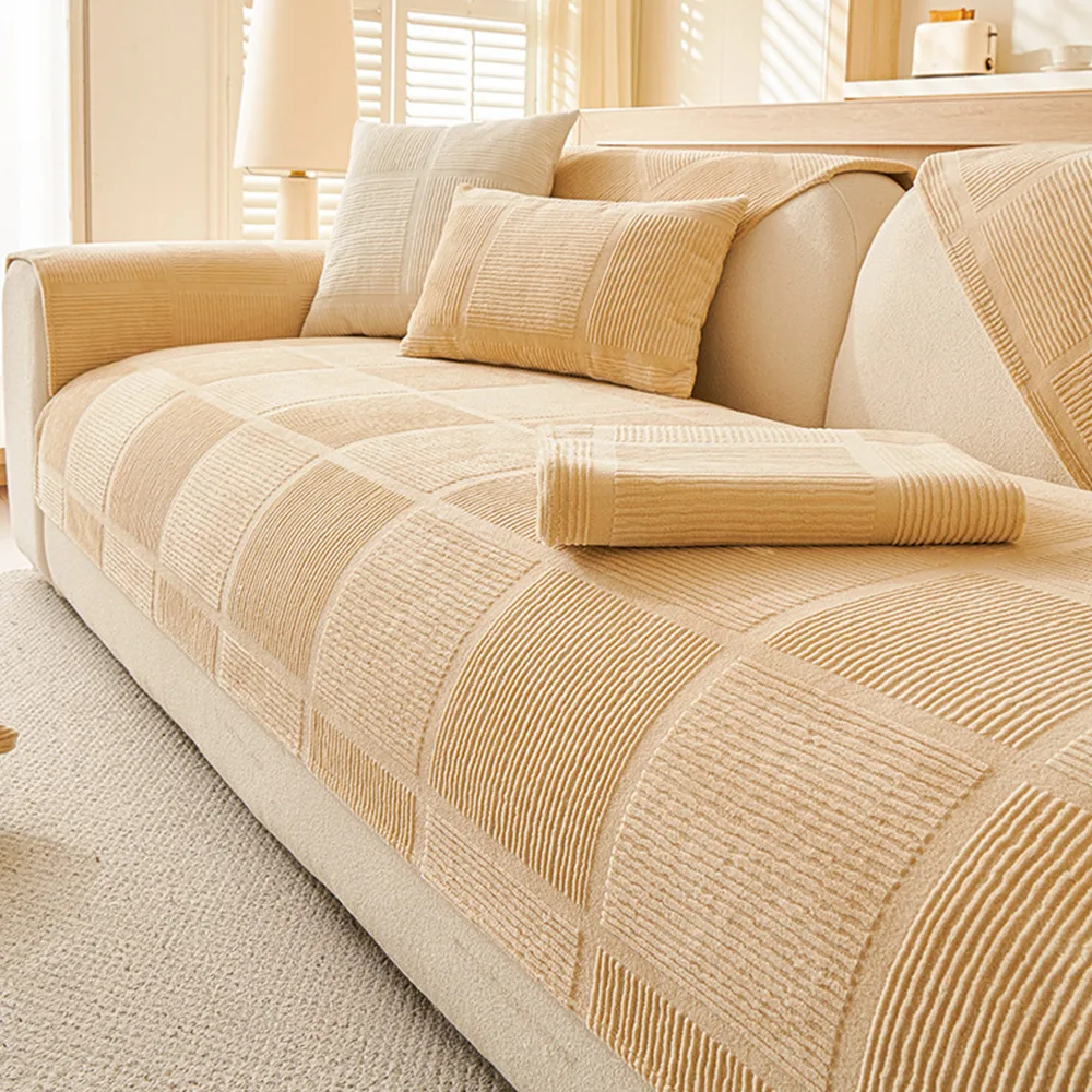 Plush Cream Geometric All Seasons Non-Slip Couch Cover