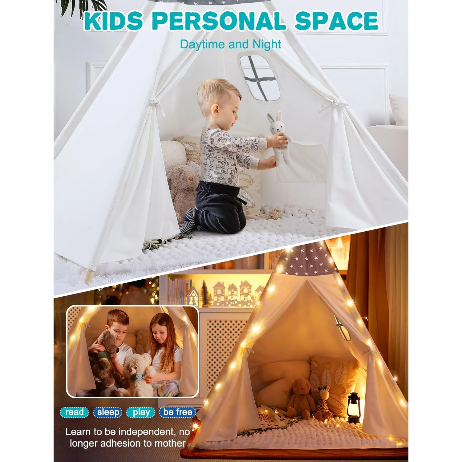 Teepee Tent for Kids Slumber Party 100% Cotton Foldable Kids Tent Indoor with Light Flag Play House Outdoor Toddler Tipi Playroom for Girls Gift Toys Tee Pee Tents(Stars Design) Grey Teepee - Image 4