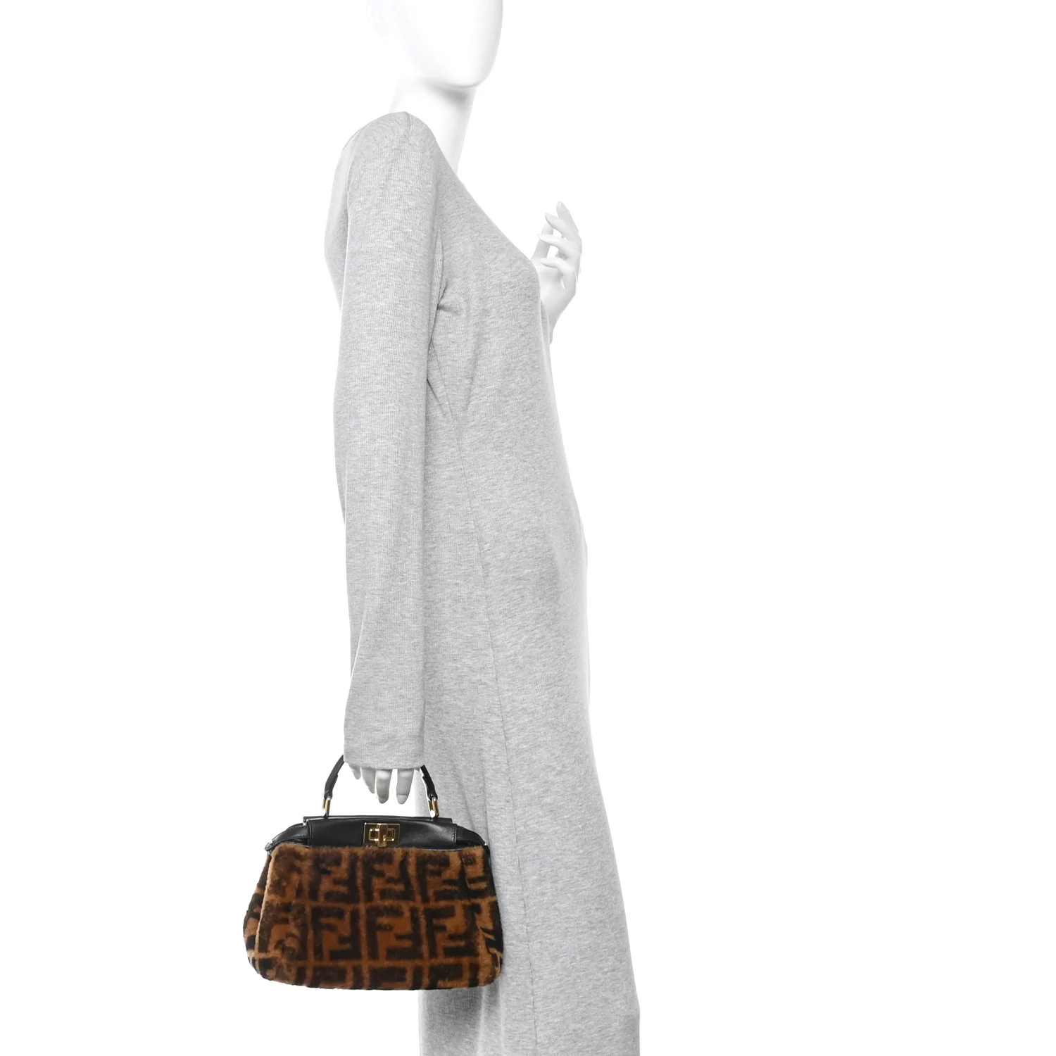 Shearling Nappa Macro FF 1974 Mini Peekaboo Iconic Satchel Tobacco Black
