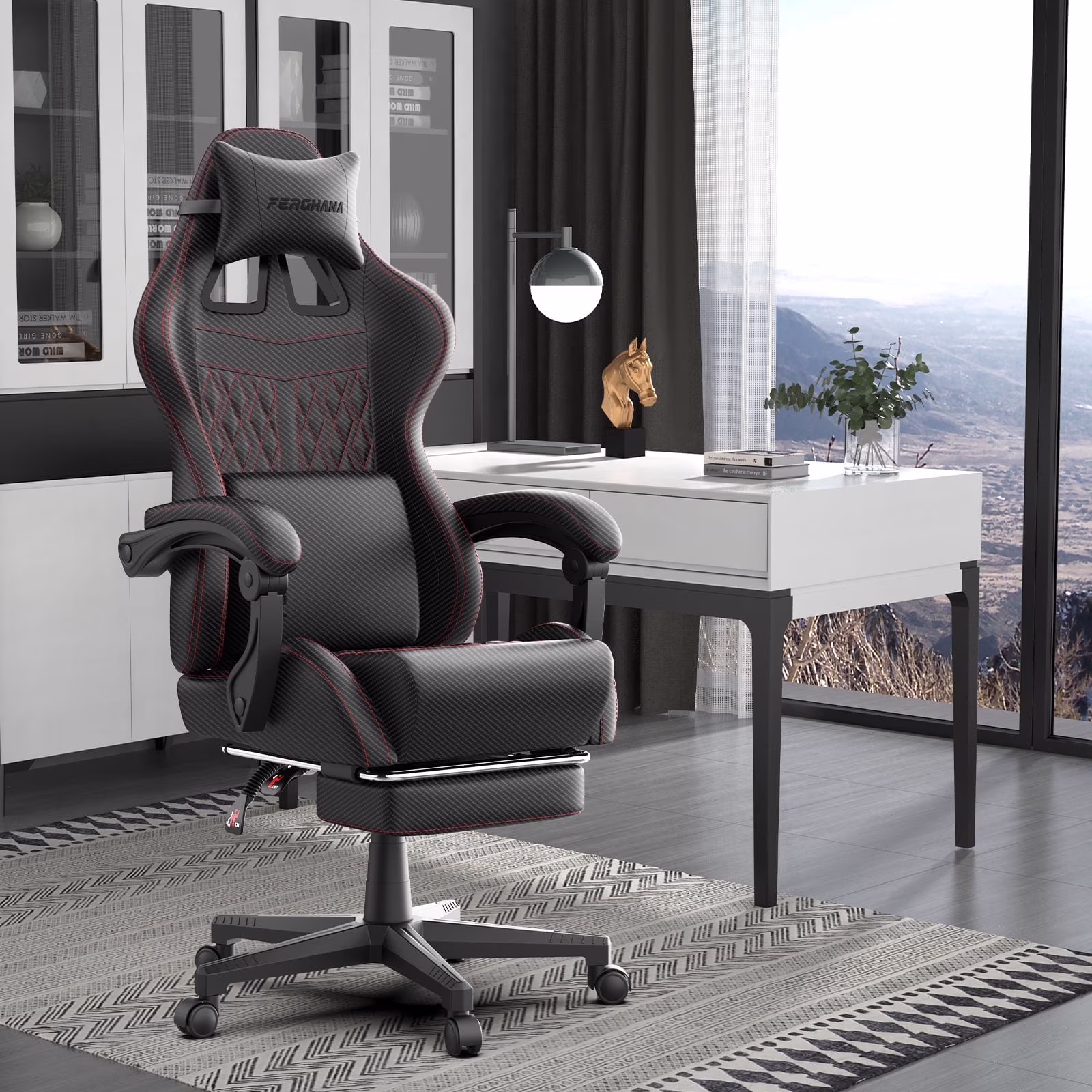 Gaming Chair with Footrest Computer Ergonomic Office Chair with Massage Lumbar Support Headrest, High Back Vintage Game Chair for Adults and Kids, Black(Black)