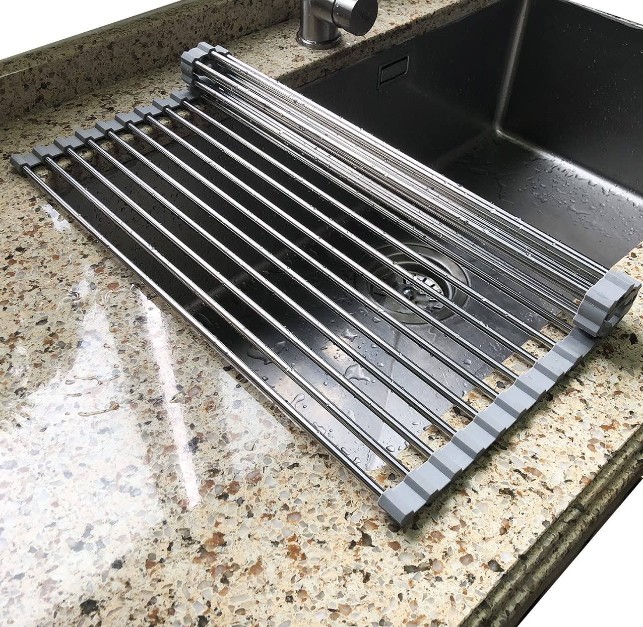 Attom Tech Home 17.7 inch x 11.5 inch Long Dish Drying Rack, Roll Up Dish Racks Multipurpose Foldable Stainless Steel Over Sink Kitchen Drainer Rack