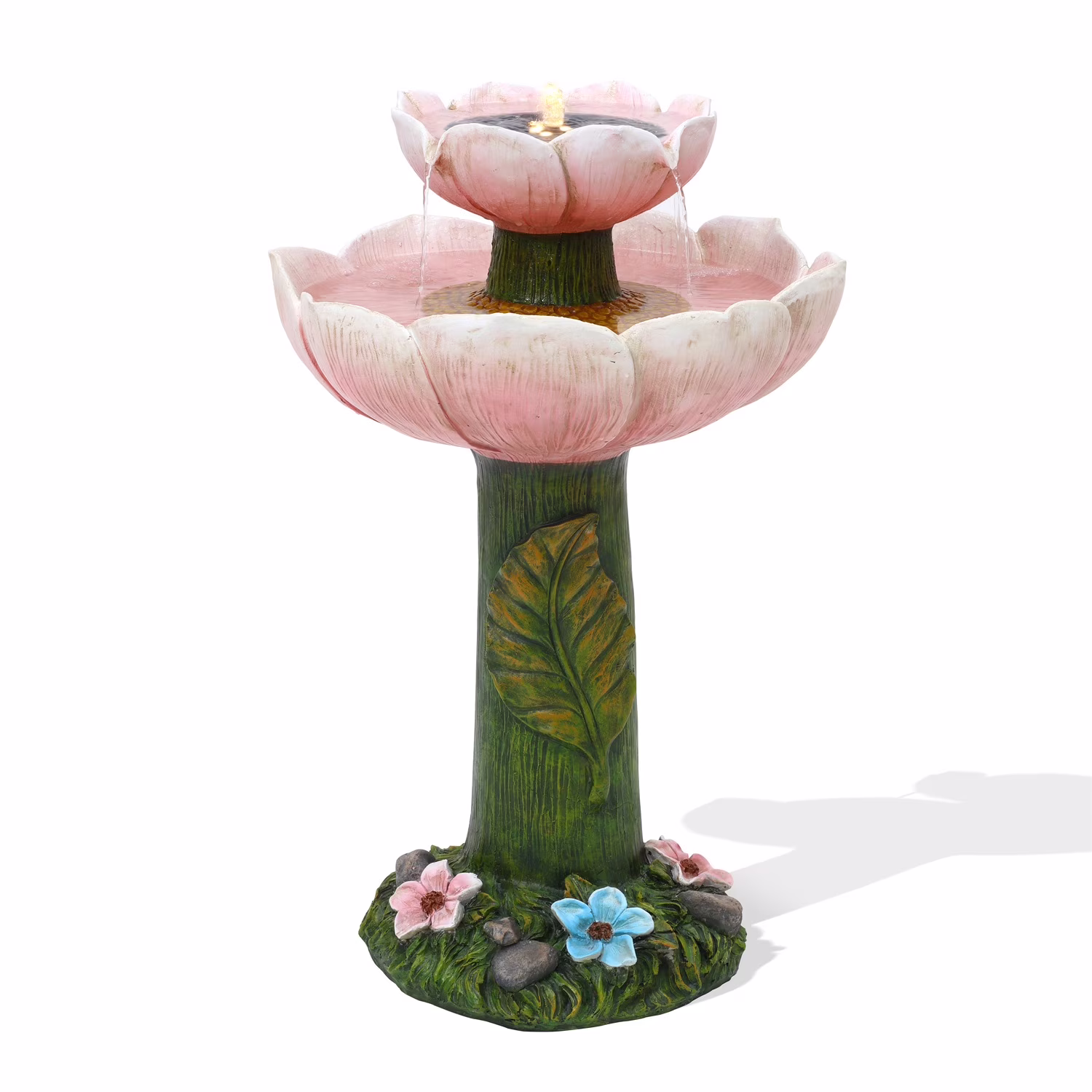 Luxenhome Solar Powered Pink Flower 2 - Tier Resin Birdbath Fountain with Lights