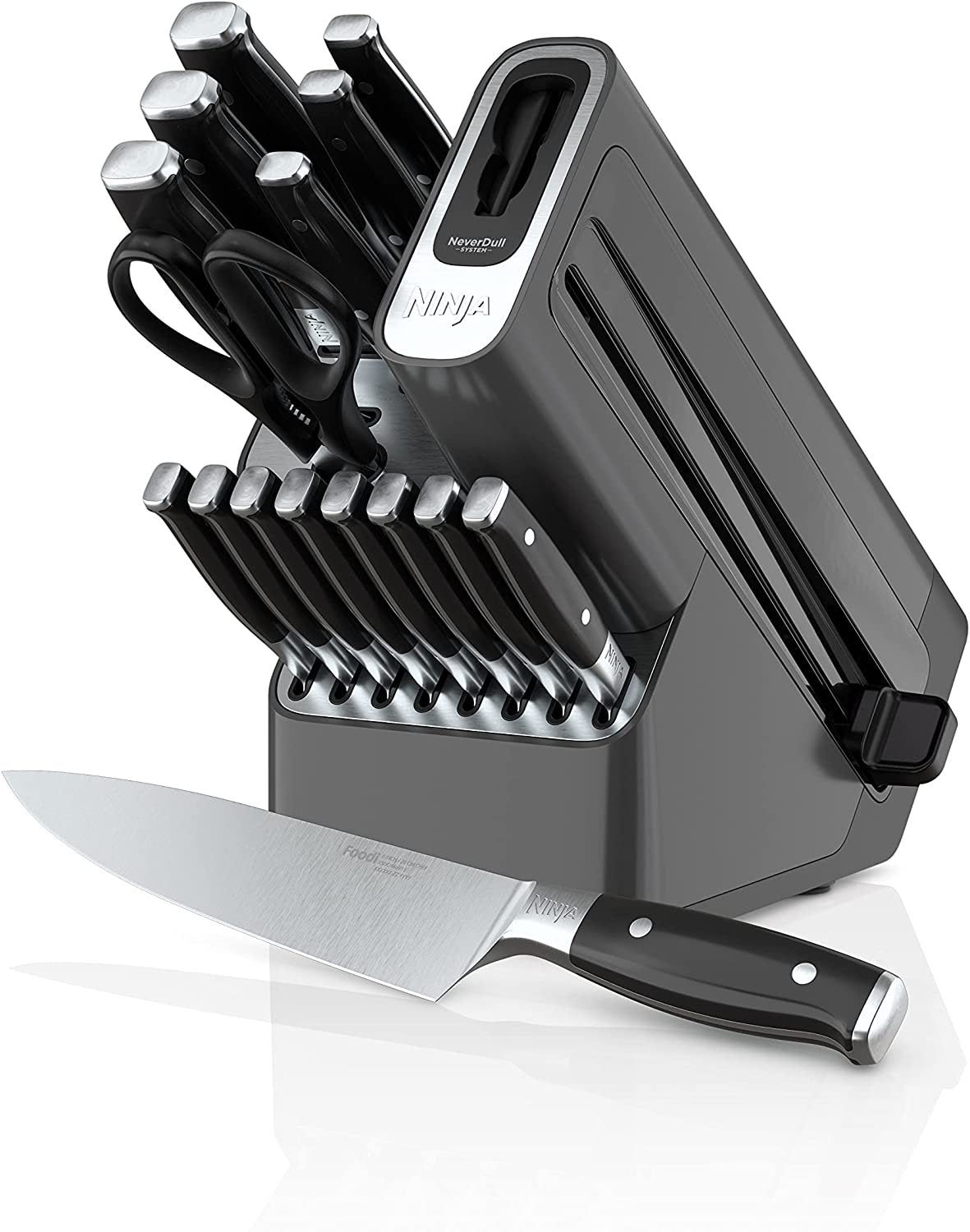 Ninja K32017 Foodi NeverDull Bloc de 17 couteaux haut de gamme avec affûteur intégré, acier inoxydable/noir