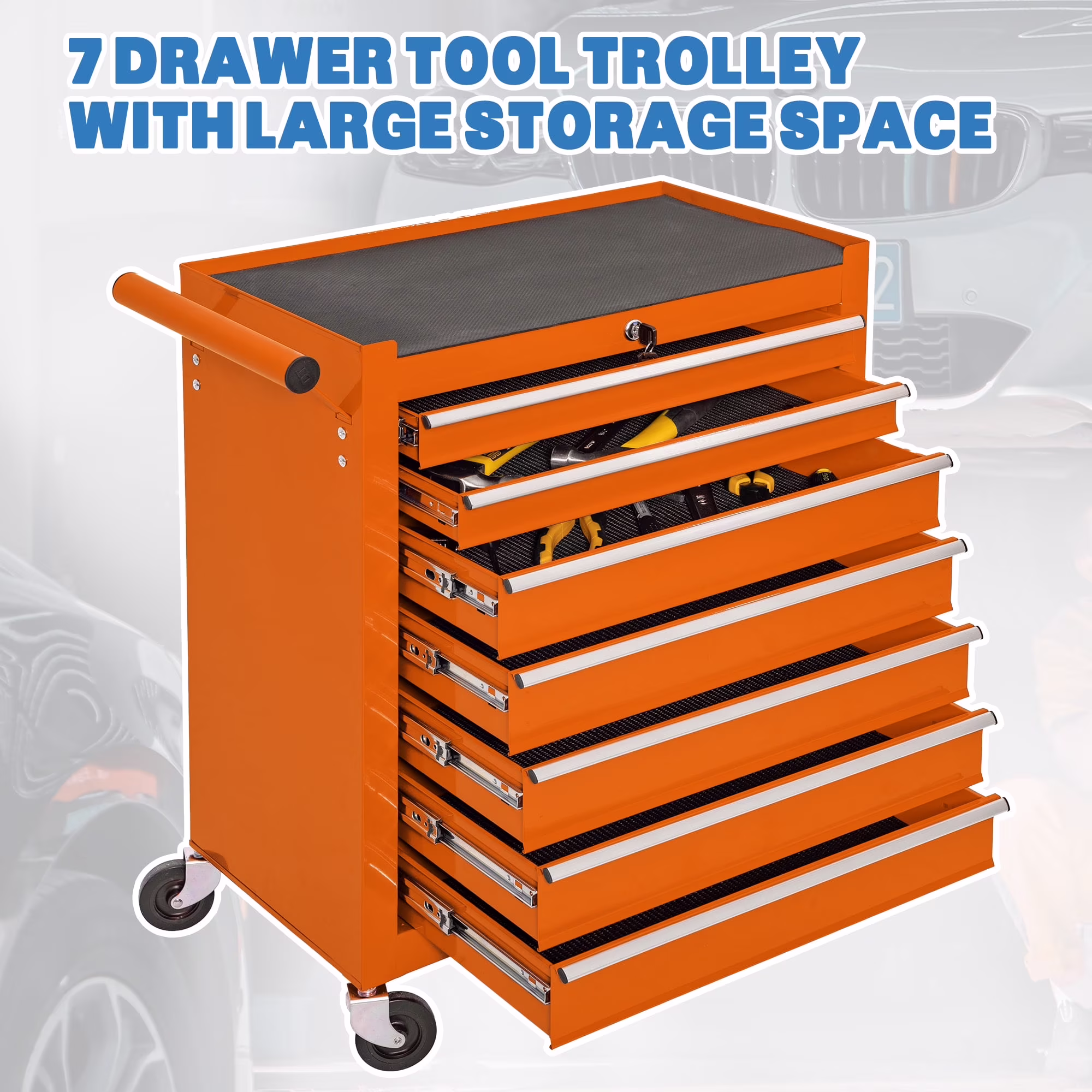 Tool Box,  7-Drawer Steel Rolling Tool Chest on Wheels for Workshop Garage, Orange