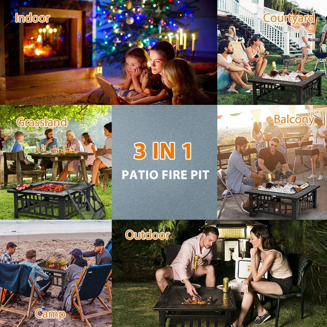 Wood Burning Fire Pits for Outside, 32 Square Iron Fire Pit Backyard Patio Garden Stove Wood Burning Fire Pit w/ BBQ Net, Waterprrof Cover, Mesh Screen Lid, Wood Grate, Poker, Durable Fire Pit