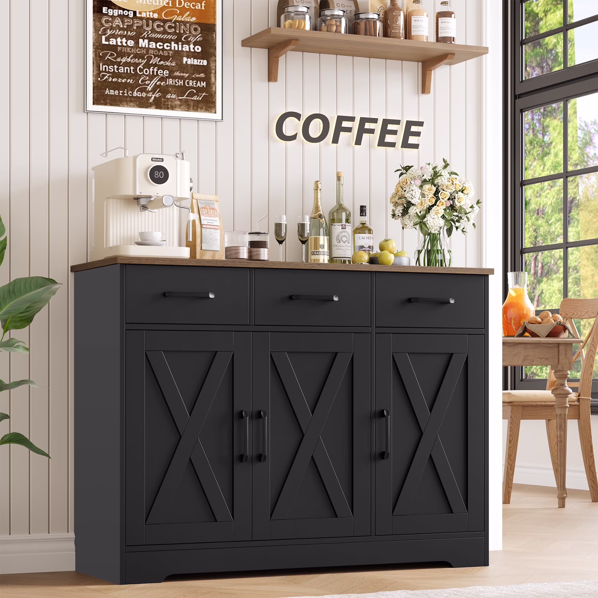 42.5'' Kitchen Buffet Sideboard Cabinet, 3 Drawers Farmhouse Coffee Bar Storage Cabinet with Adjustable Shelf, White(White) - Image 3