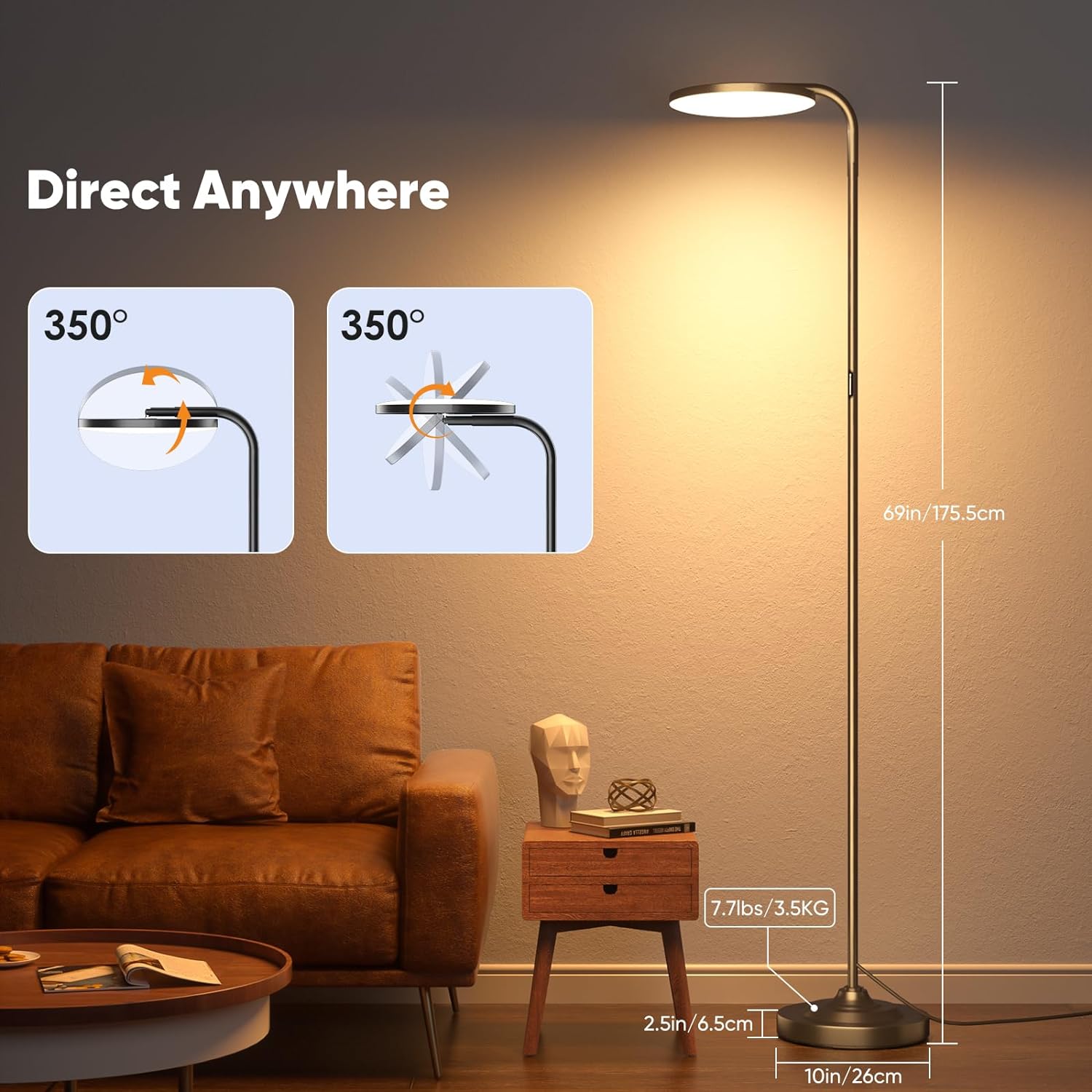 36W LED Floor Lamp, Super Bright Standing Lamp, Modern Stepless Dimmable Torchiere Tall Lamp with Remote Control, 350��Rotating Head Reading Floor Lamp for Living Room, Bedroom, Office(Black(CCT)) - Image 5