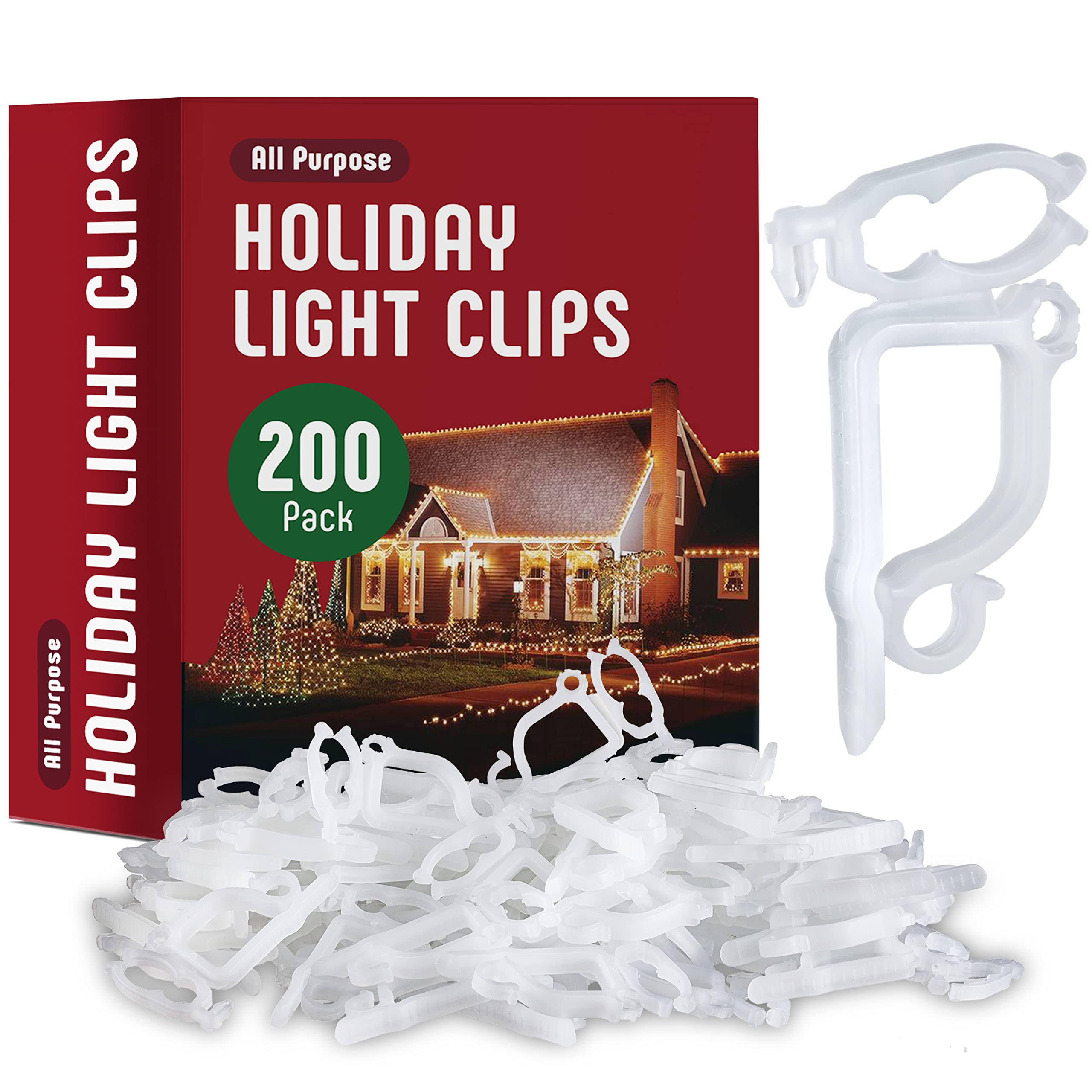 Sewanta All-Purpose Holiday Light Clips [Set of 200] Christmas Light Clips, Outdoor Light Clips - Mount to Shingles & Gutters - Works Wi