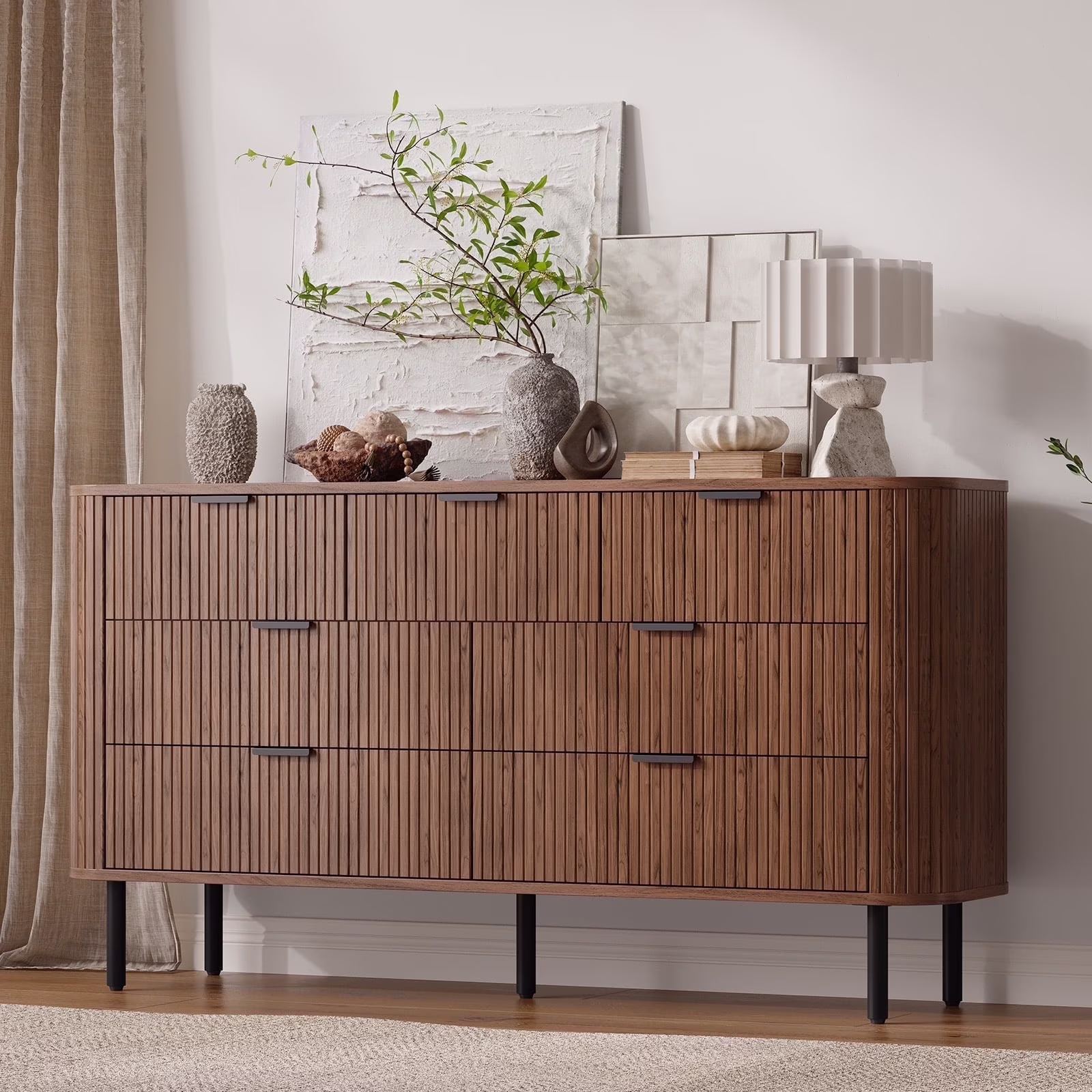 7-Drawer Fluted Dresser for Bedroom, 60 Inch Wide Modern Wood Chest with Metal Handles, Curved Profile Design Also Ideal as TV Stand for Living Room, Hallway, Black(Black) - Image 3