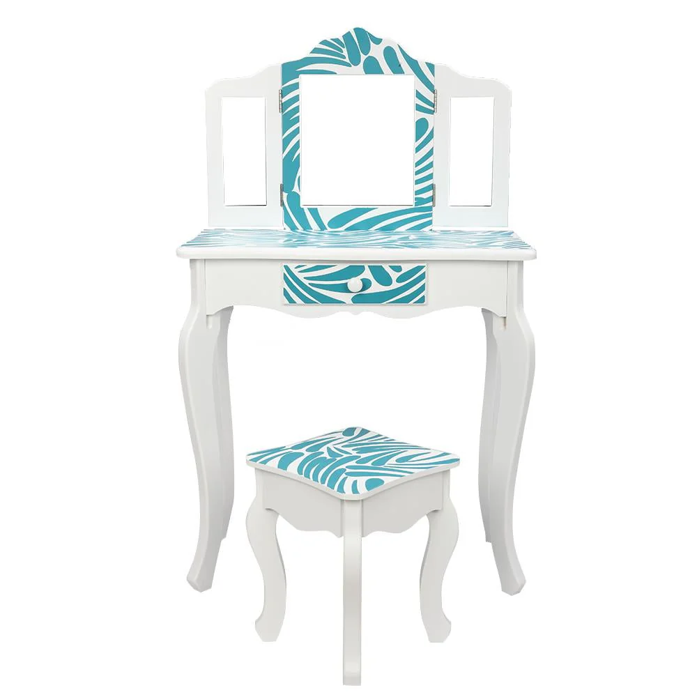 Kids Vanity Table and Stool Set with 3 Mirrors, Pretend Play Princess Makeup Dressing Table,Children's Furniture(Blue)