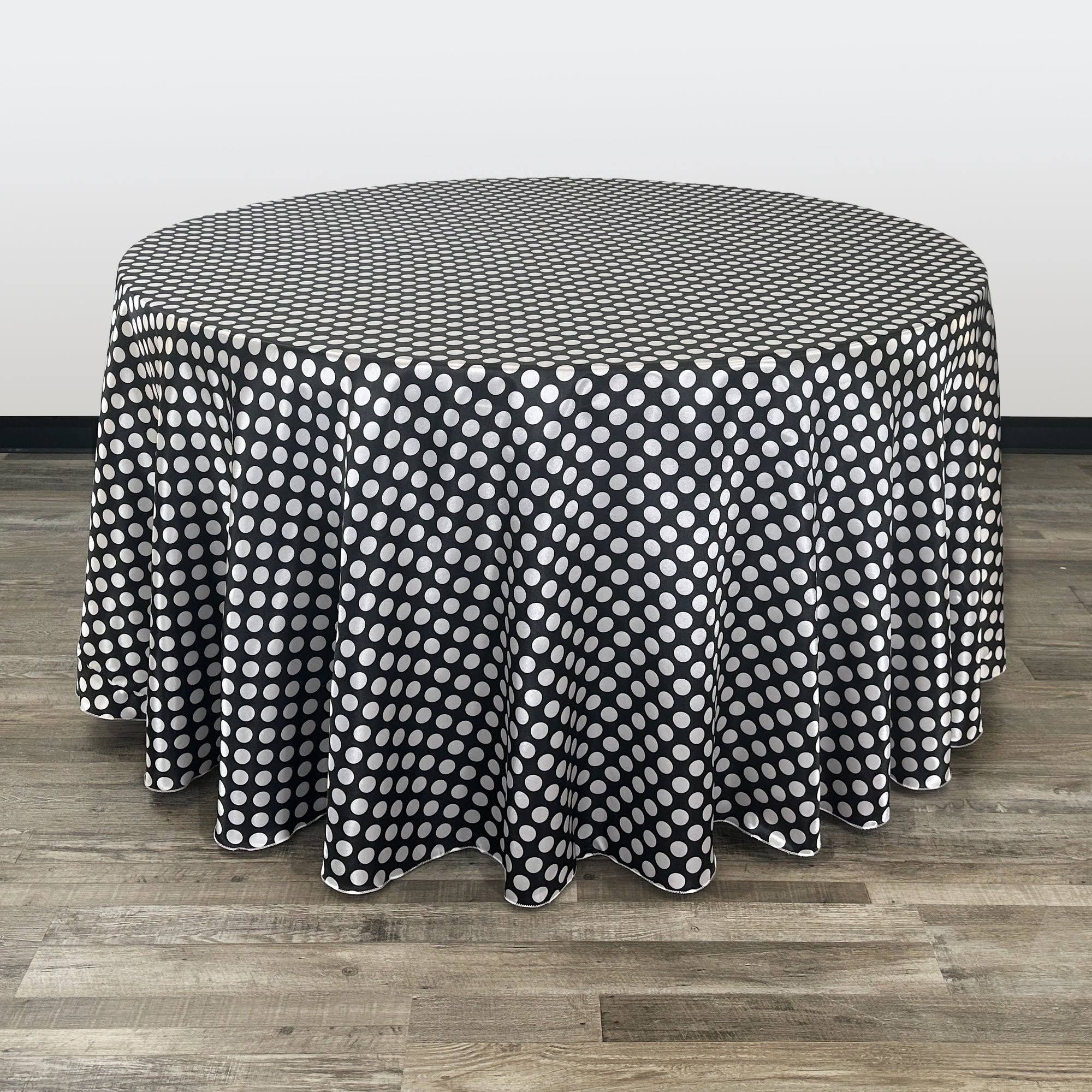 Your Chair Covers - 120 inch Round Satin Tablecloth Black/White Polka Dots