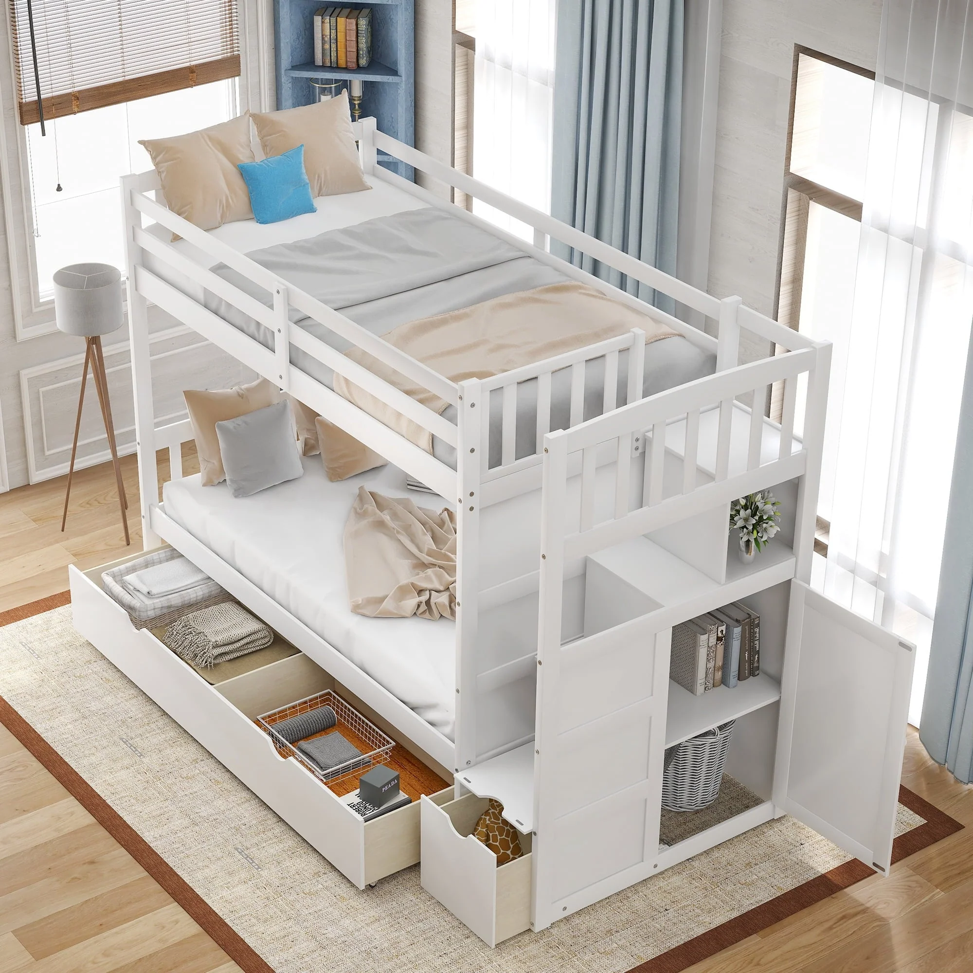 Twin over Twin Bunk Bed with Drawer and Cabinet for Kids Bedroom, White - Image 2