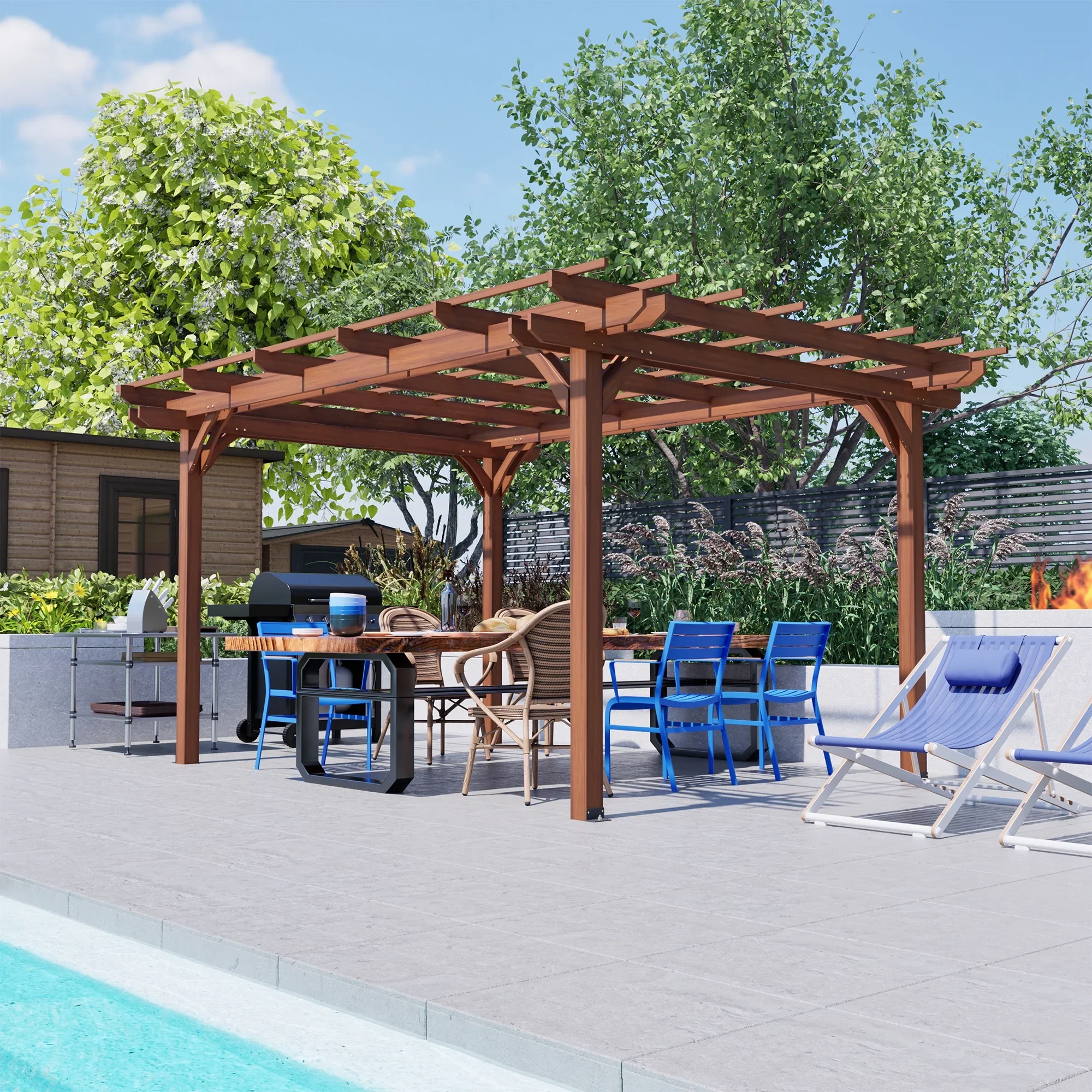 LZBEITEM 12'x10' Outdoor Wood Pergola Gazebo w/ Flat Roof and Ground Stakes for Patio Deck Garden