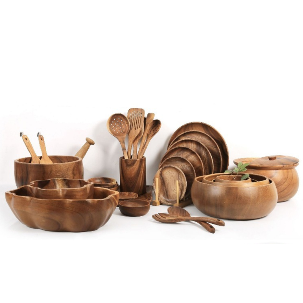 Acaica Wooden Kitchen Utensils for Cooking, Acacia Wooden Bowl Cheese Board Kitchen Utensil Set with Wood Utensils Holder