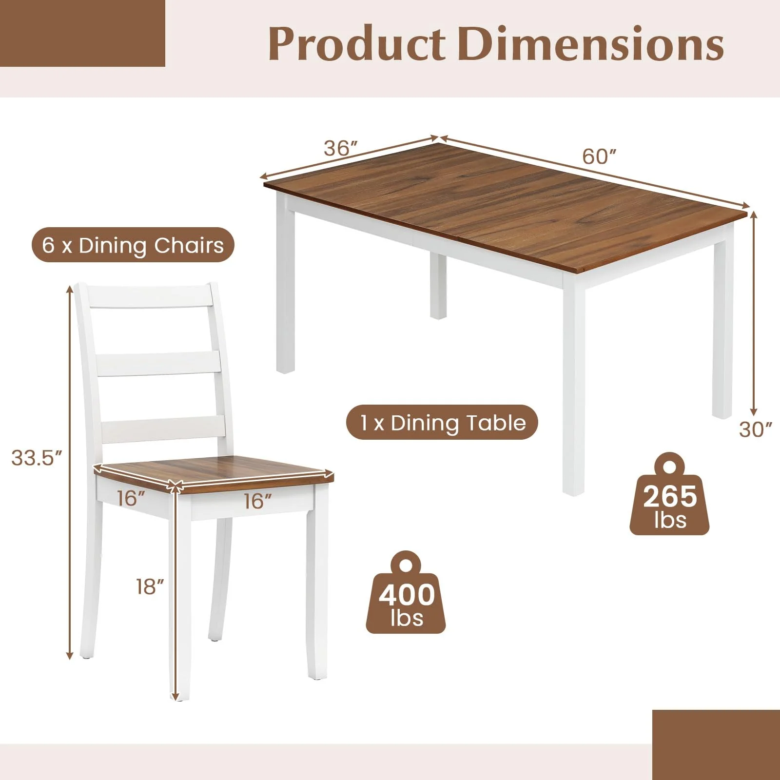 Tangkula Solid Wood Dining Table Set for 6 w/Rubber Wood Legs