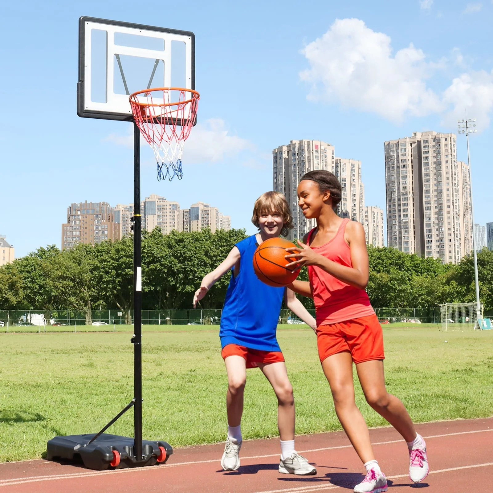 33 In. Portable Basketball Hoop Stand, 6.5-8 ft Adjustable Basketball Goal System, with PVC Backboard Indoor/Outdoor - Image 3