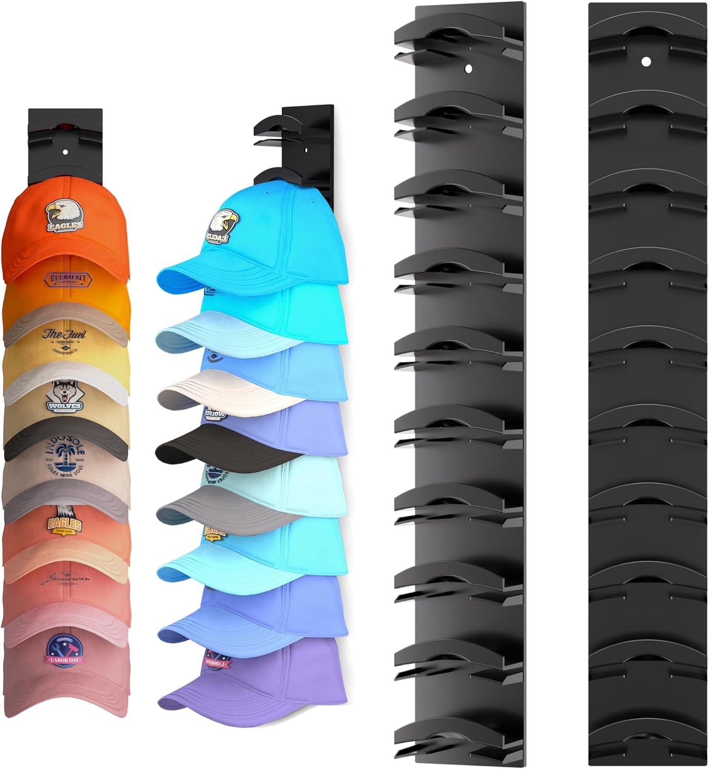 Hat Organizer for Baseball Caps 2-Pack, Hat Rack for Wall with Strong Adhesive Holds up to 20 Hats, Hat Hanger Holder Display for Door Closet, Cap Organizer Storage Multilayer Two Mounting Options (Black)