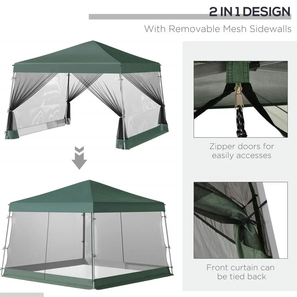 GVN Backyard Garden Canopy, Camping Canopy Screen Tent,Slant Leg Pop Up Canopy Tent with Netting and Carry Bag, Instant Sun Shelter, (11.5'x11.5' Base / 10'x10' Top), Green