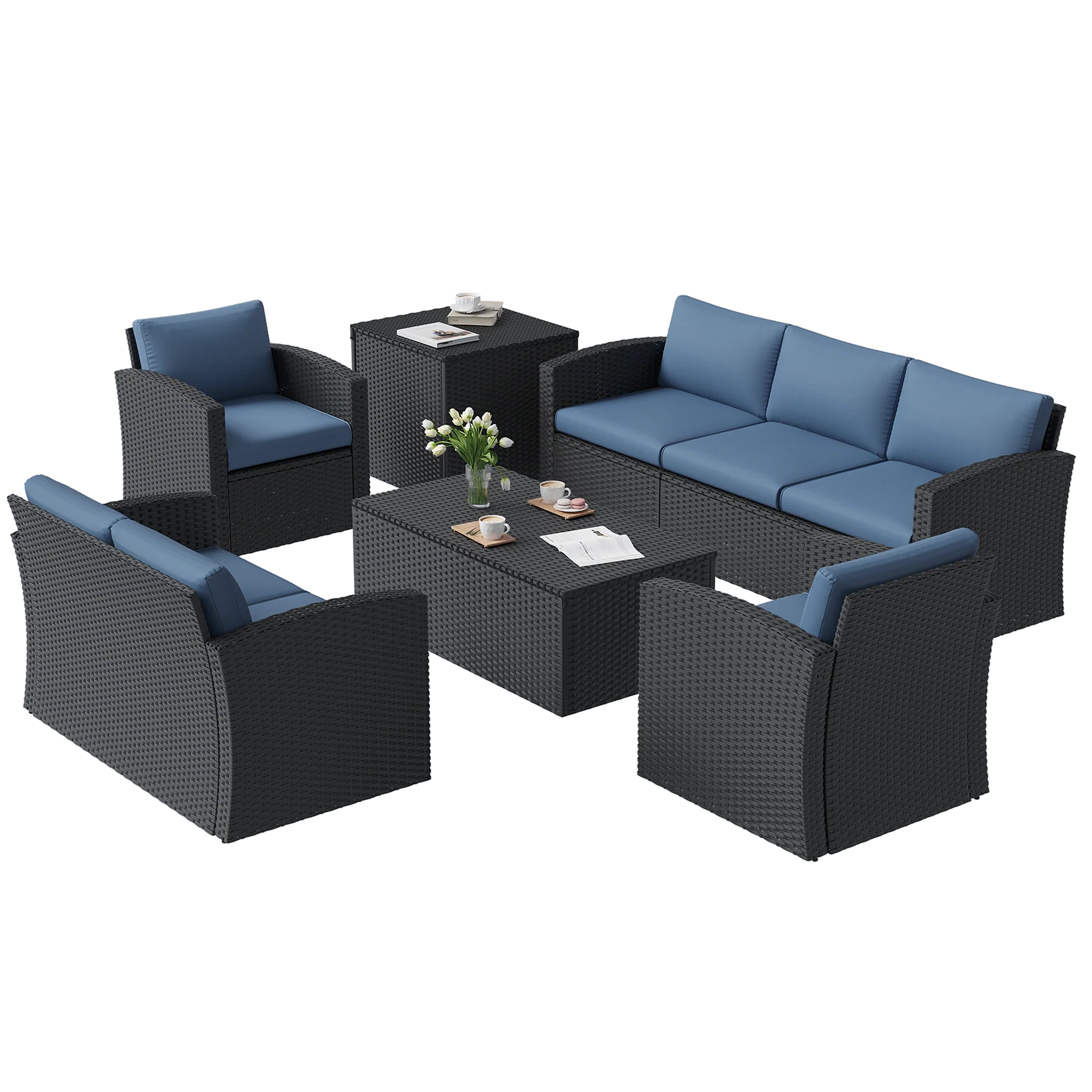 AECOJOY 7 PCS Outdoor Patio Furniture Sets with 2 Storage Boxes, Black & Dark Blue