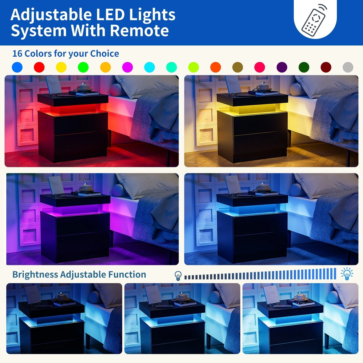 LED Nightstand Set of 2, Modern Bedside Table with 2 Drawers Storage Space, Adjustable Colors LED Light, Black(Black) Image 2