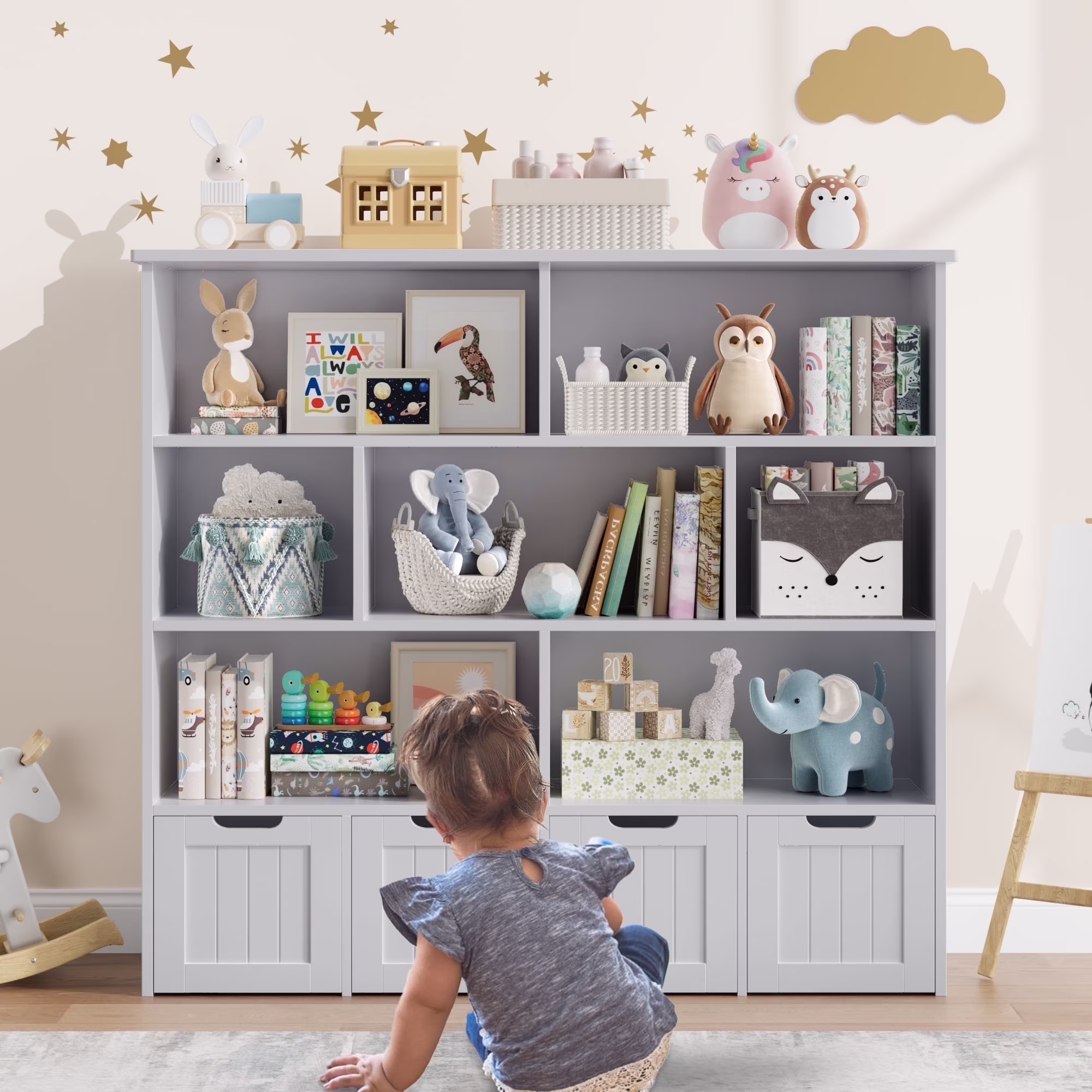 7 Cube Toy Storage Organizer, Kids Geometric Bookcase and Bookshelf with 4 Drawers, White(White) - Image 3