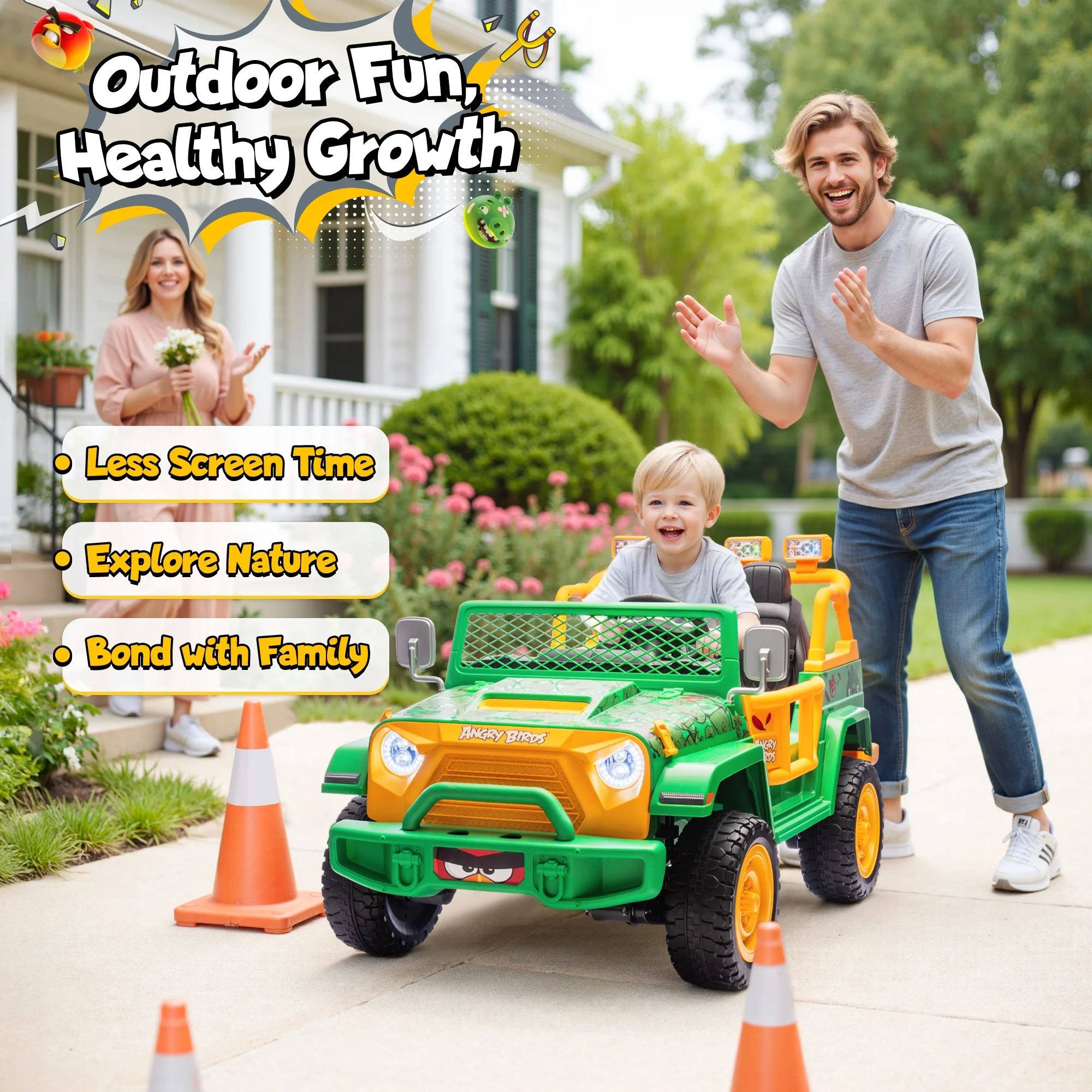 24 Volt Ride on Toys for Big Kids, Licensed Angry Birds Ride on Truck with Remote, 2 Seater 4WD Electric Ride ons with Shovel, Bluetooth, Lights, Power Car Wheels for 3-8, 130lbs, Green(Green) - Image 9