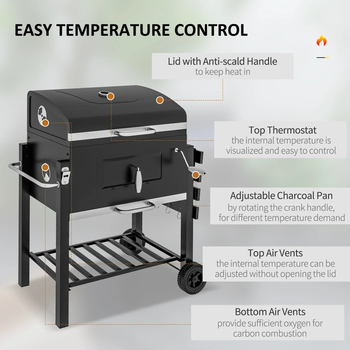 44.5" Charcoal BBQ Grill, Outdoor Portable Cooker for Camping or Backyard Picnic with Side Table, Bottom Storage Shelf, Wheels and Handle, Black - Image 3