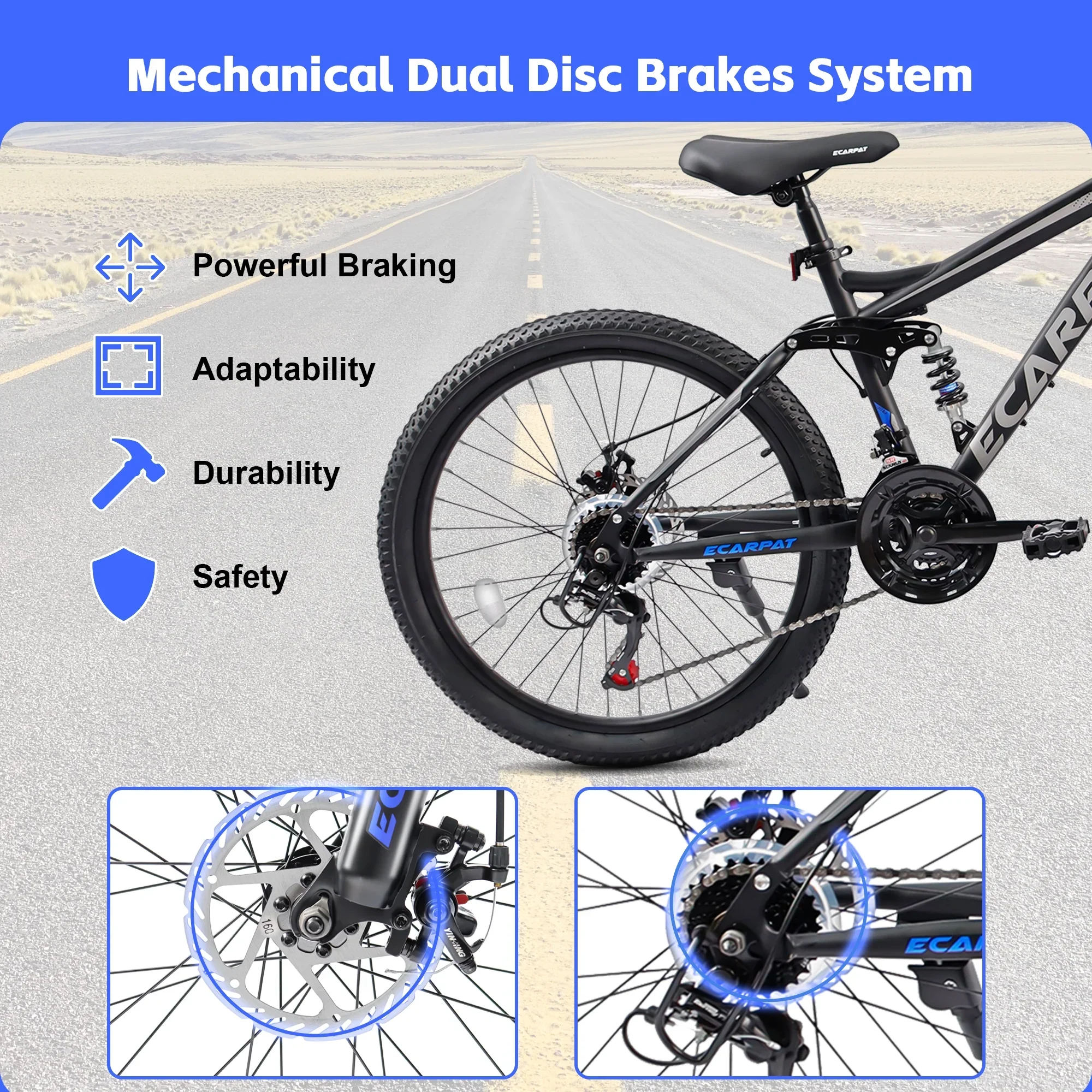 27.5 Inch Dual Full Suspension Mountain Bike, 21-Speed Mountain Bike with Dual Disc Brakes and Carbon Steel Frame, Trail Beach Snow Commuter City Bicycles for Adult Men Women, Black