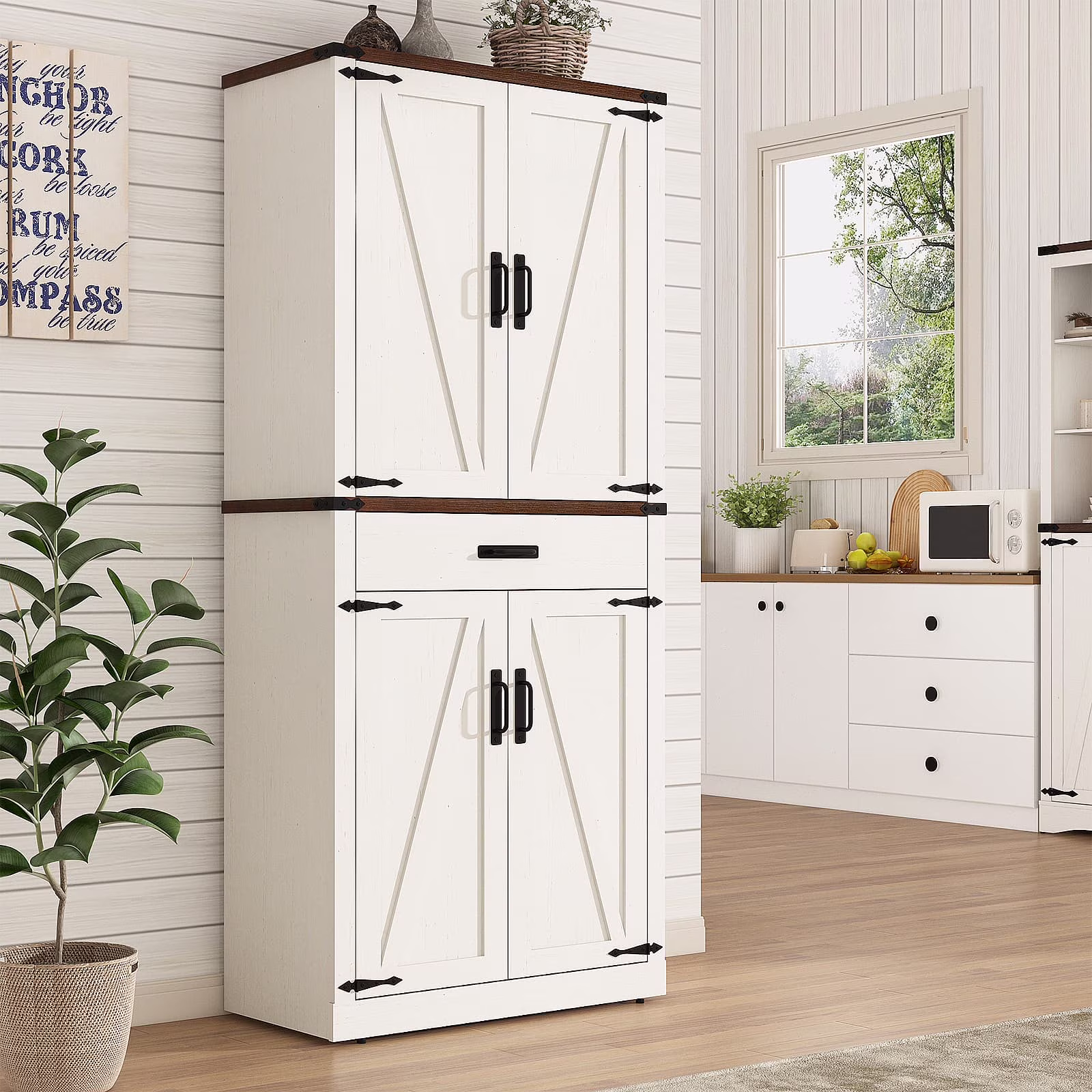 72" Tall Farmhouse Kitchen Pantry Cabinet w/1 Drawer 4 Roomy Storage Shelves, Versatile Wood Storage Cabinet with 4 Barn Door Adjustable Shelves for Dining Room Bathroom Utility Room(White)
