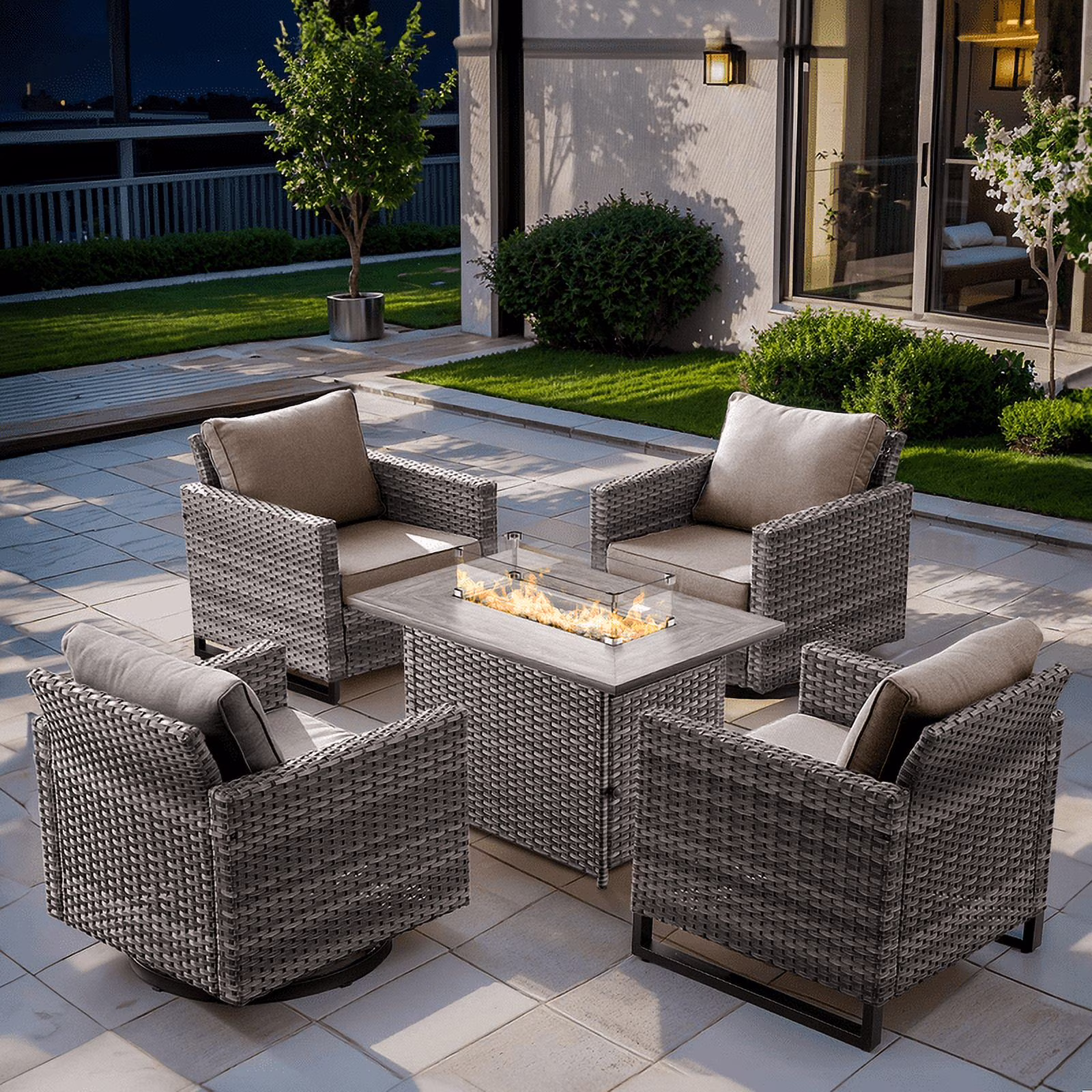 5 Pieces Outdoor Swivel Rocker Chairs Patio Furniture Set with Gas Fire Pit Table, Wicker Patio Conversation Fire Pit Table Set for Garden, Deck, Porch, Backyard,Beige(Beige/Brown) - Image 3