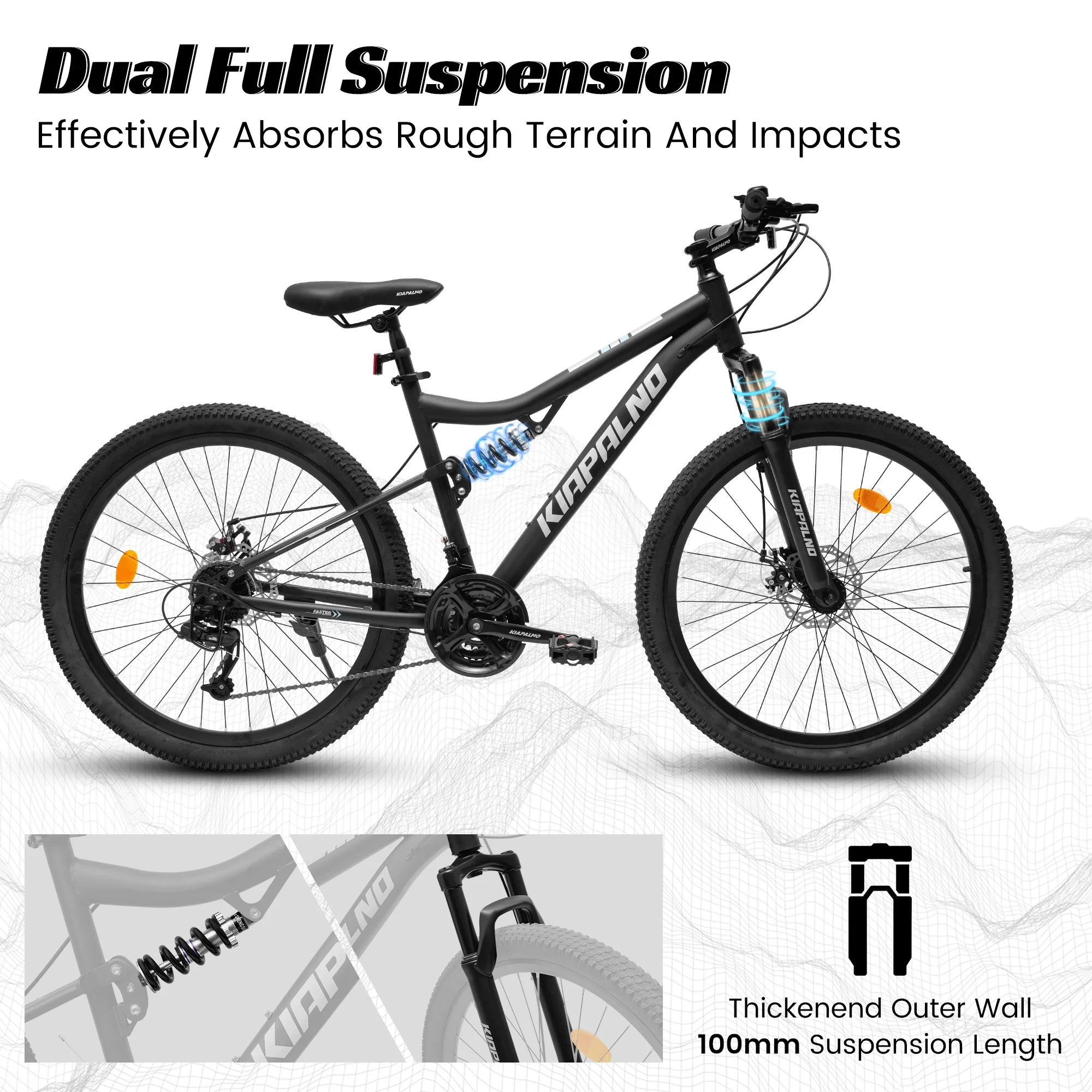 26 Inch Mountain Bike Dual Full Suspension, Shimano 21-Speed Mountain Bicycle with Dual Disc Brakes and Carbon Steel Frame, Trail Beach Snow Commuter City Bike for Adult Men Women, Black