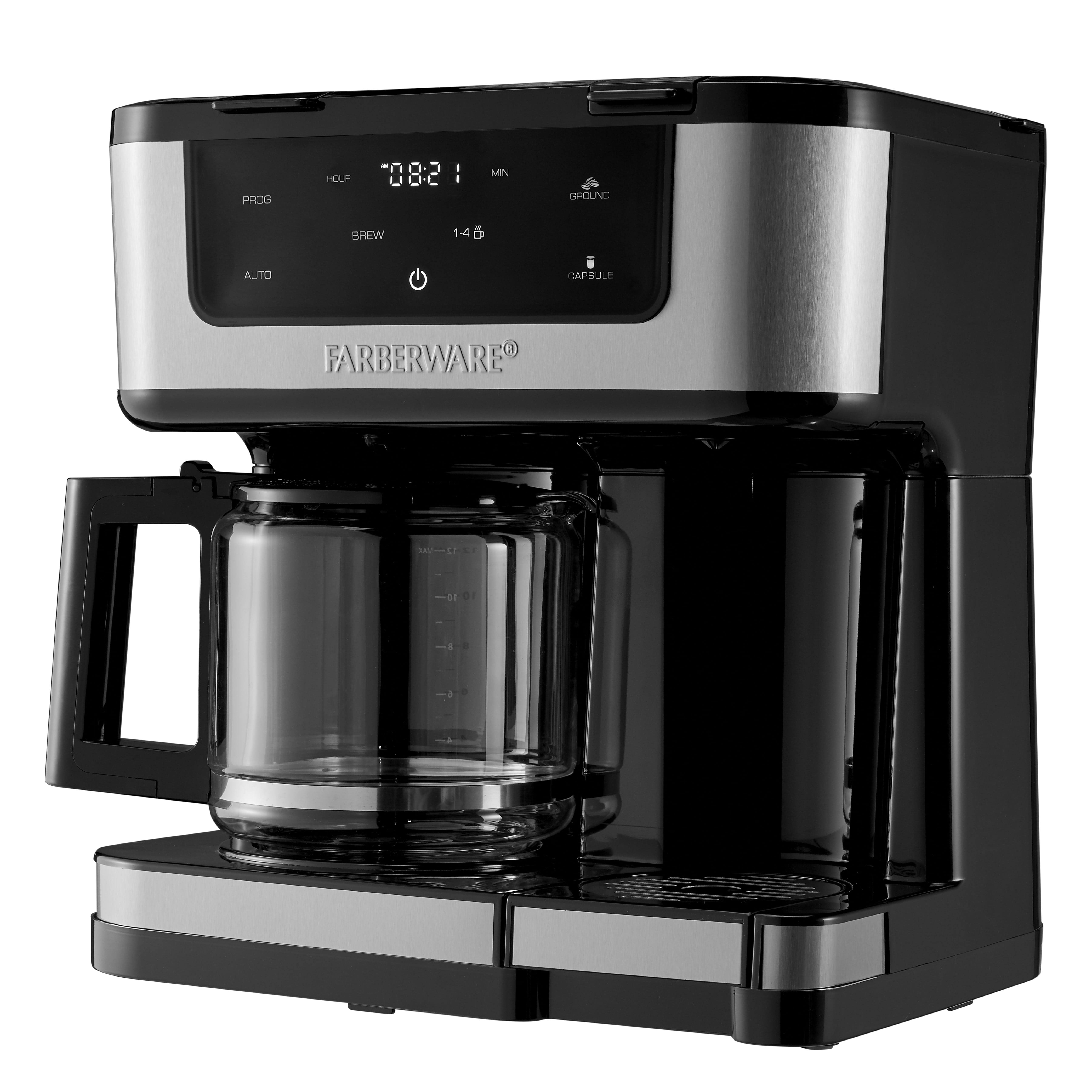 Farberware Side by Side Coffee Maker, Single Serve or 12 Cups, Black and Stainless