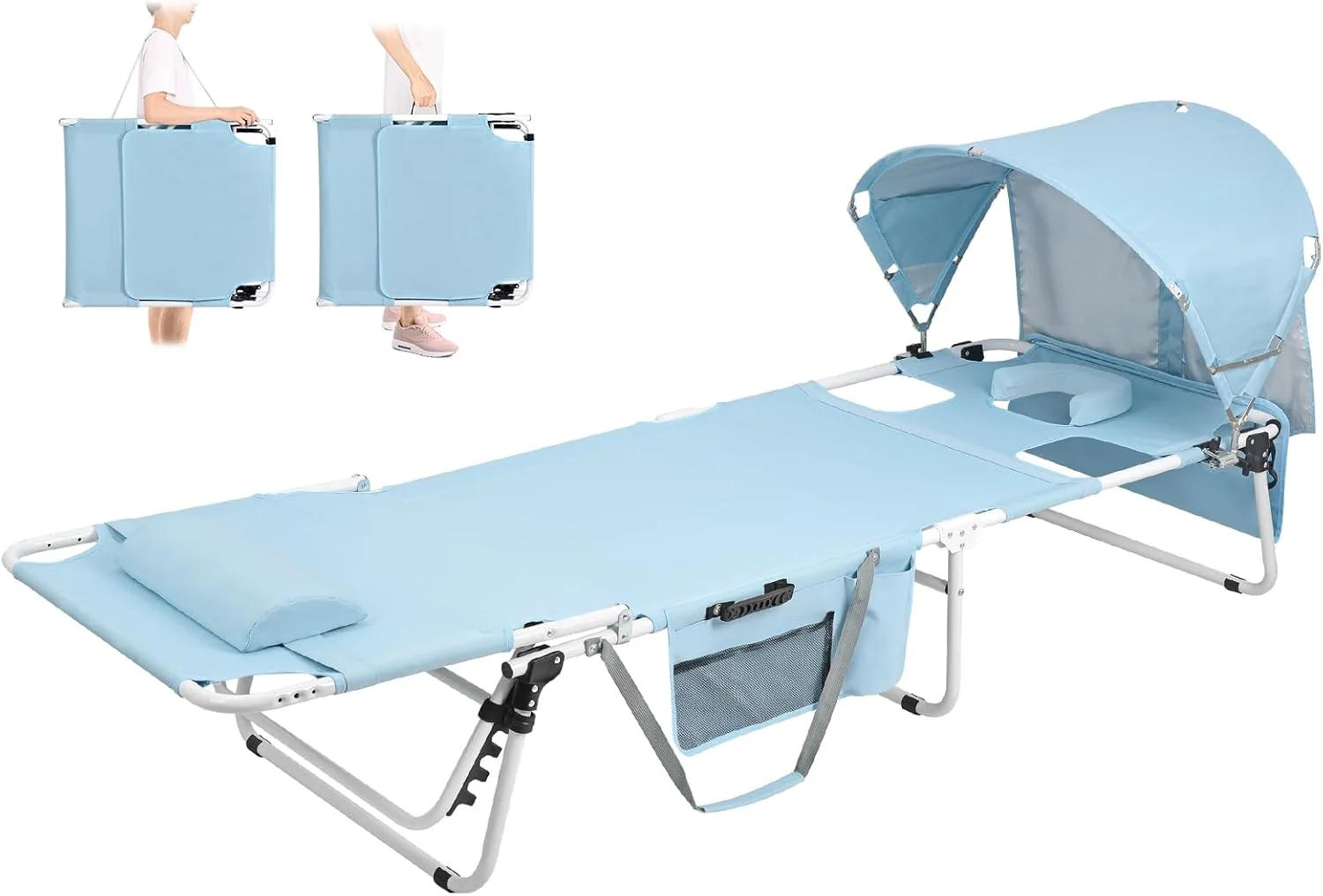 Chaise longue pliante robuste avec pare-soleil et ouverture pour le visage, inclinable en 5 positions, idéale pour adultes en extérieur (lecture, bronzage, piscine, camping, plage), protection solaire UPF 50+, supporte jusqu'à 136 kg.