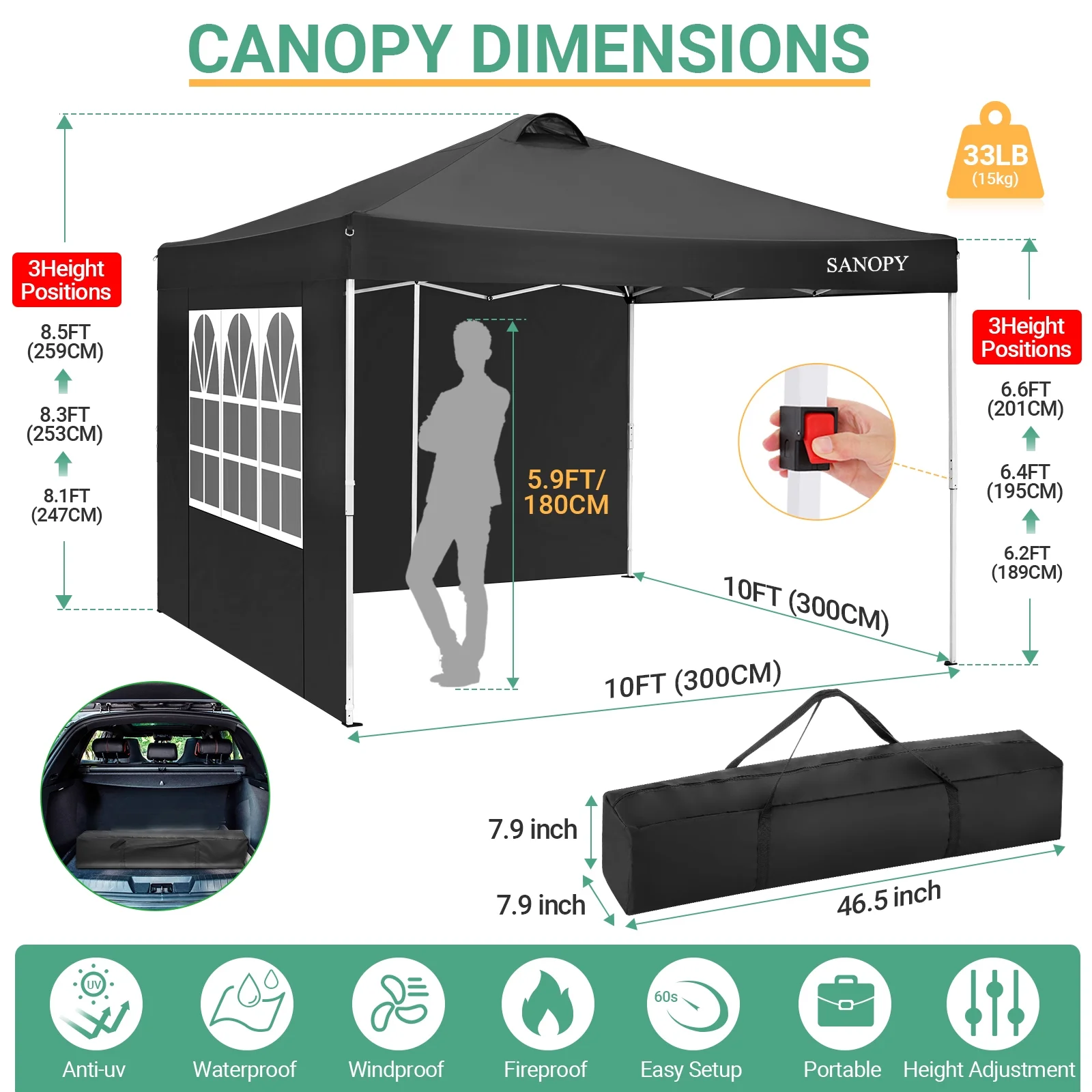 10' x 10' Straight Leg Pop-up Canopy Tent Easy Two Person Setup Instant Outdoor Canopy Folding Shelter with 4 Removable Sidewalls, Air Vent on The Top, 4 Sandbags, Carrying Bag, Black(10 x 10 FT (Style 1)/Black) - Image 4