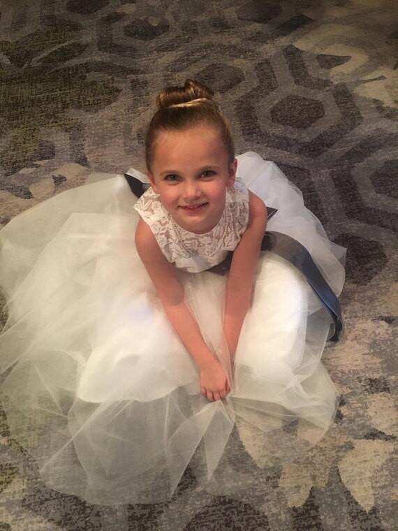 Light Ivory Lace Tulle Long Sleeveless Flower Girl Dress With Dark Grey Sash/Bows DM212